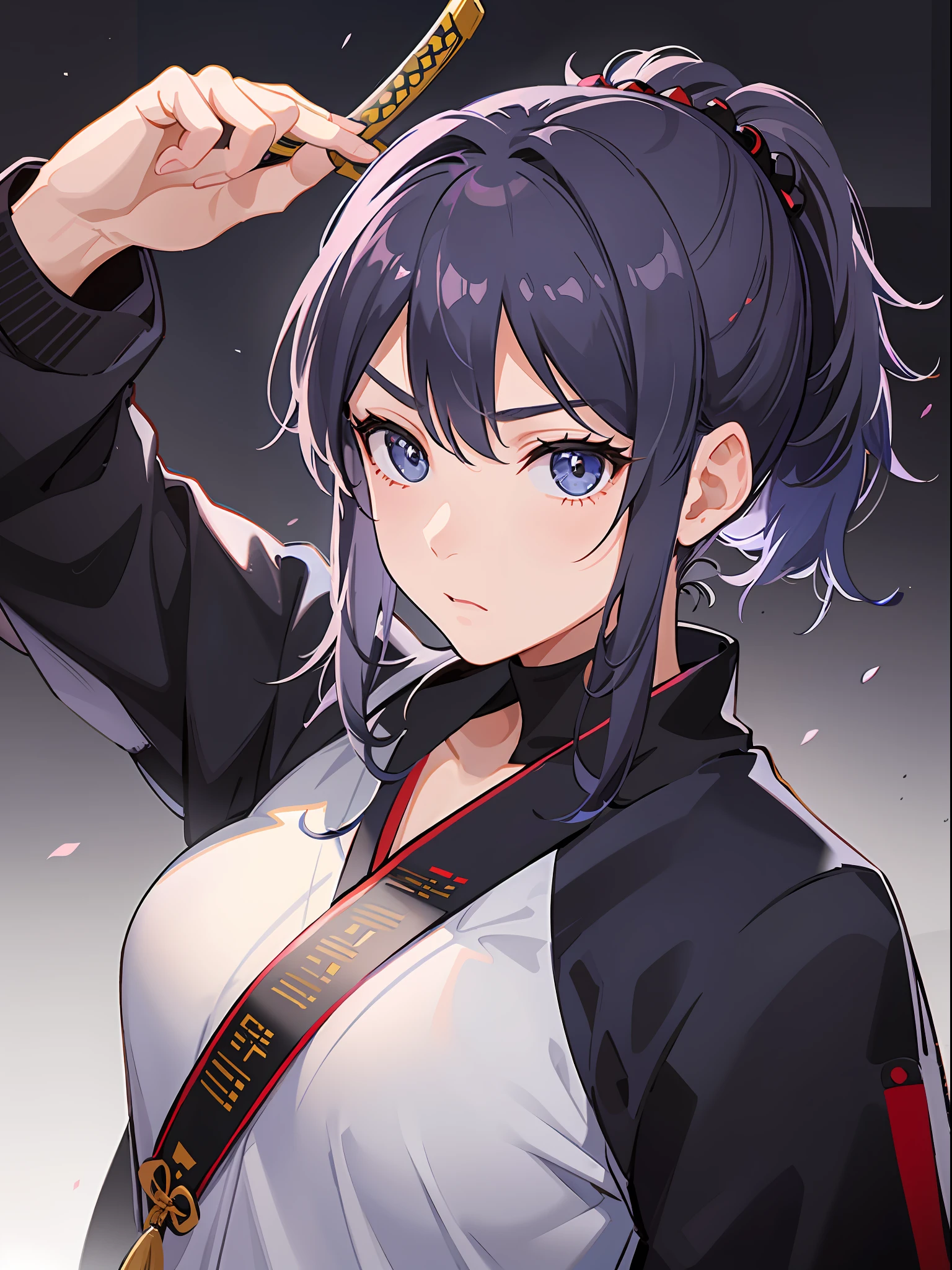 A woman with a single ponytail wearing a martial arts uniform. She should be at the Budokan. She had a serious expression and was holding a katana. Her eyes should be blue and her hair dark blue.