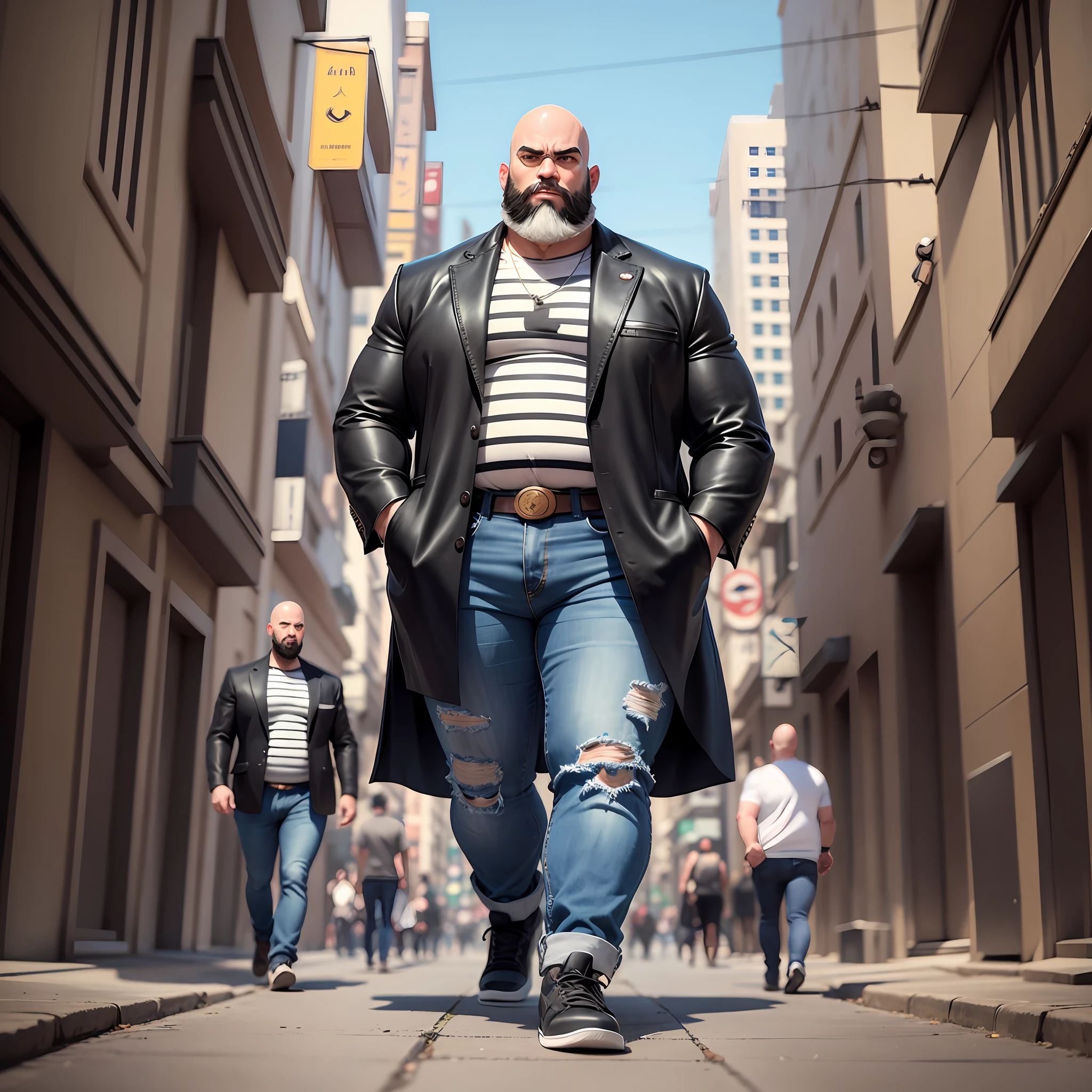 Create a bald, bearded, fat masculine character with an upright black and white striped canisa, jeans, 3D style illustration, walking in the city. --auto --s2