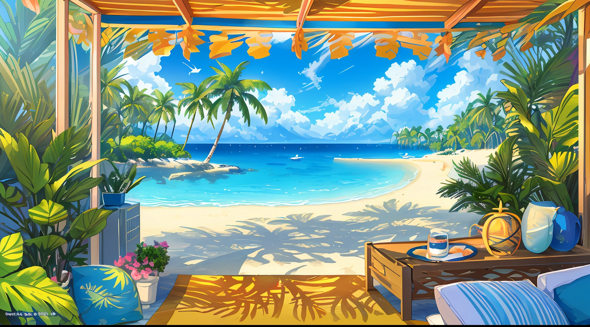 Masterpiece, best quality, sunny beach, undulating palm trees and vibrant tropical landscapes, (very detailed CG unit 8k wallpaper) (best quality), (best illustration), (best shadows) Nature', blue sea, delicate petal leaves of various colors falling in the light of the air Tracking, super detailed --v6