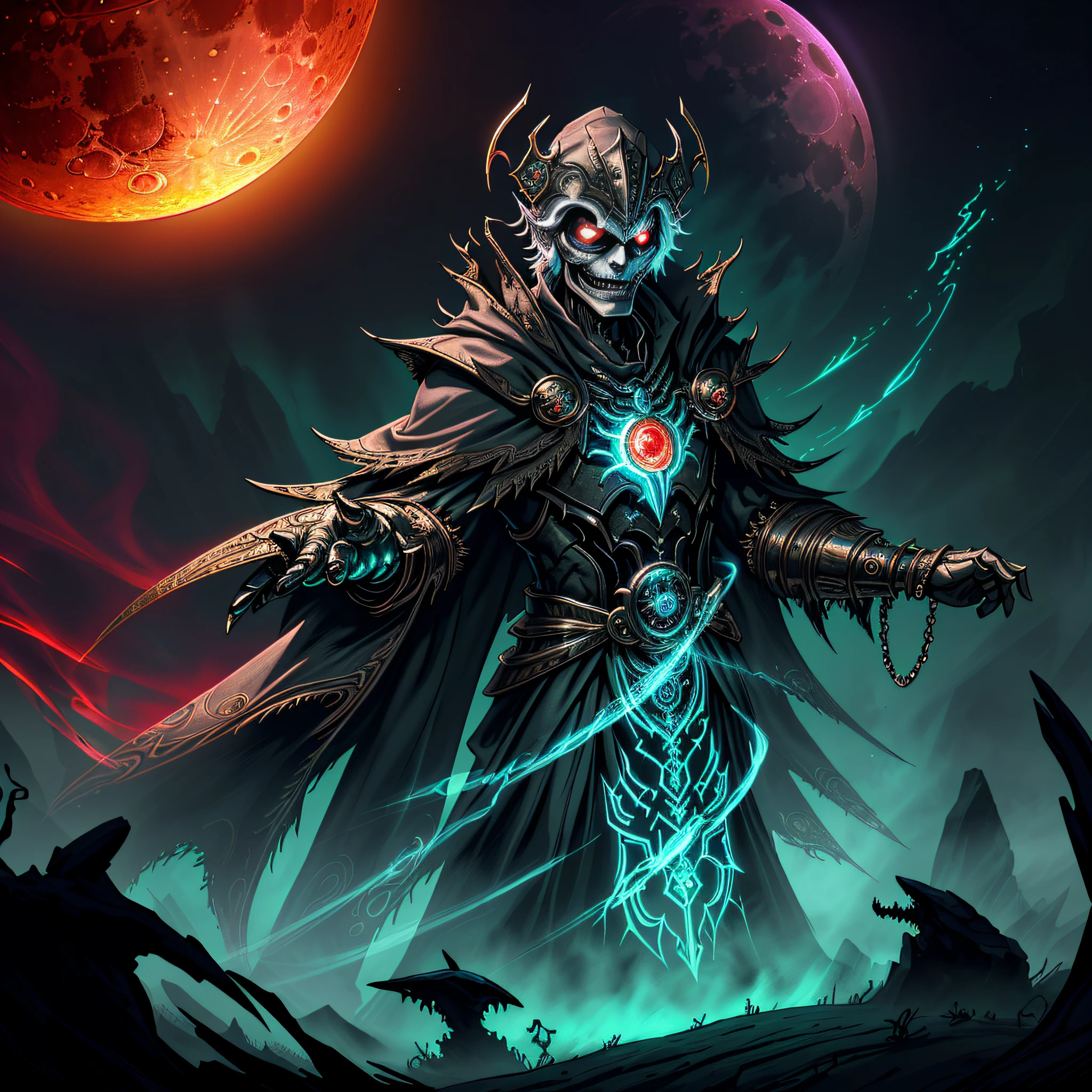 (((A jaded and plotting ancient automaton:undead lich centered in the foreground))), ((clockwork filigree)), ((bioluminescent eyes)), (((ephemeral robes))), (((extravagant full helm))), ((corrupted bioluminescent filigree ankh necklace)), dark fantasy, dark atmosphere, graveyard, ((night)), bioluminescent bat swarm, volumetric lighting, best quality, masterpiece, intricate details, tonemapping, sharp focus, very detailed, trending on Artstation 4k, realistic, 8k, cinematic lighting, (((Full blood moon vibrantly lighting the scene))), (((wide angle shot))), ((colorful)), ((clockwork filigree face)), (((angle from above))), ((((looking at viewer)))), professional artist, {masterpiece}, {bioluminescent halo lighting from behind}, ((sinister glowing red fog)), {Full body portrait}, {Award winning illustration}