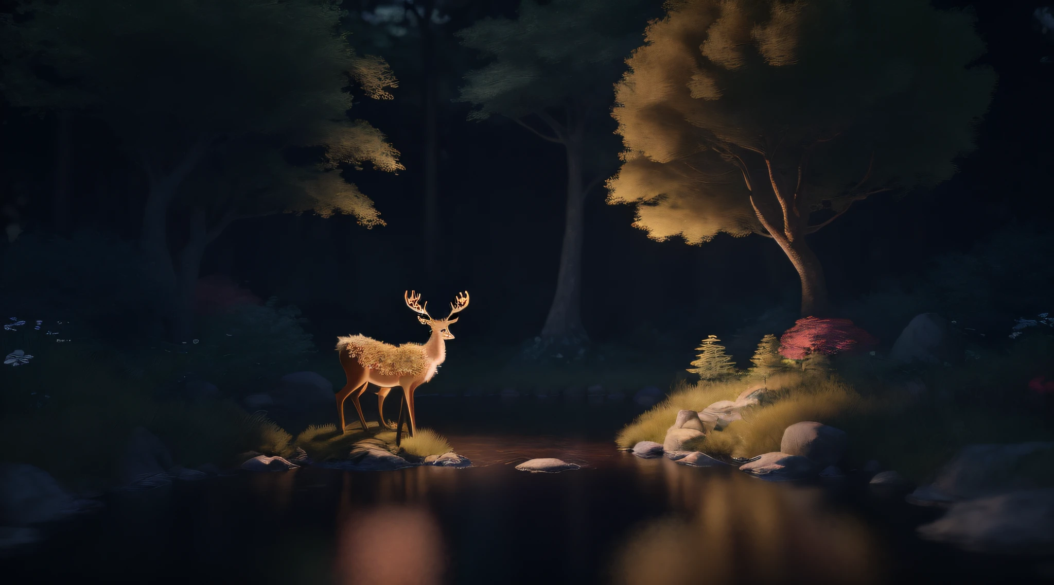 Masterpiece, best quality, (very detailed CG unified 8k wallpaper), (best quality), (best illustration), (best shadow), glowing elf with a glowing deer, drinking water in the pool, natural elements in forest theme. Mysterious forest, beautiful forest, nature, surrounded by flowers, delicate leaves and branches surrounded by fireflies (natural elements), (jungle theme), (leaves), (branches), (fireflies), (particle effects) and other 3D, Octane rendering, ray tracing, super detailed , deer --v6