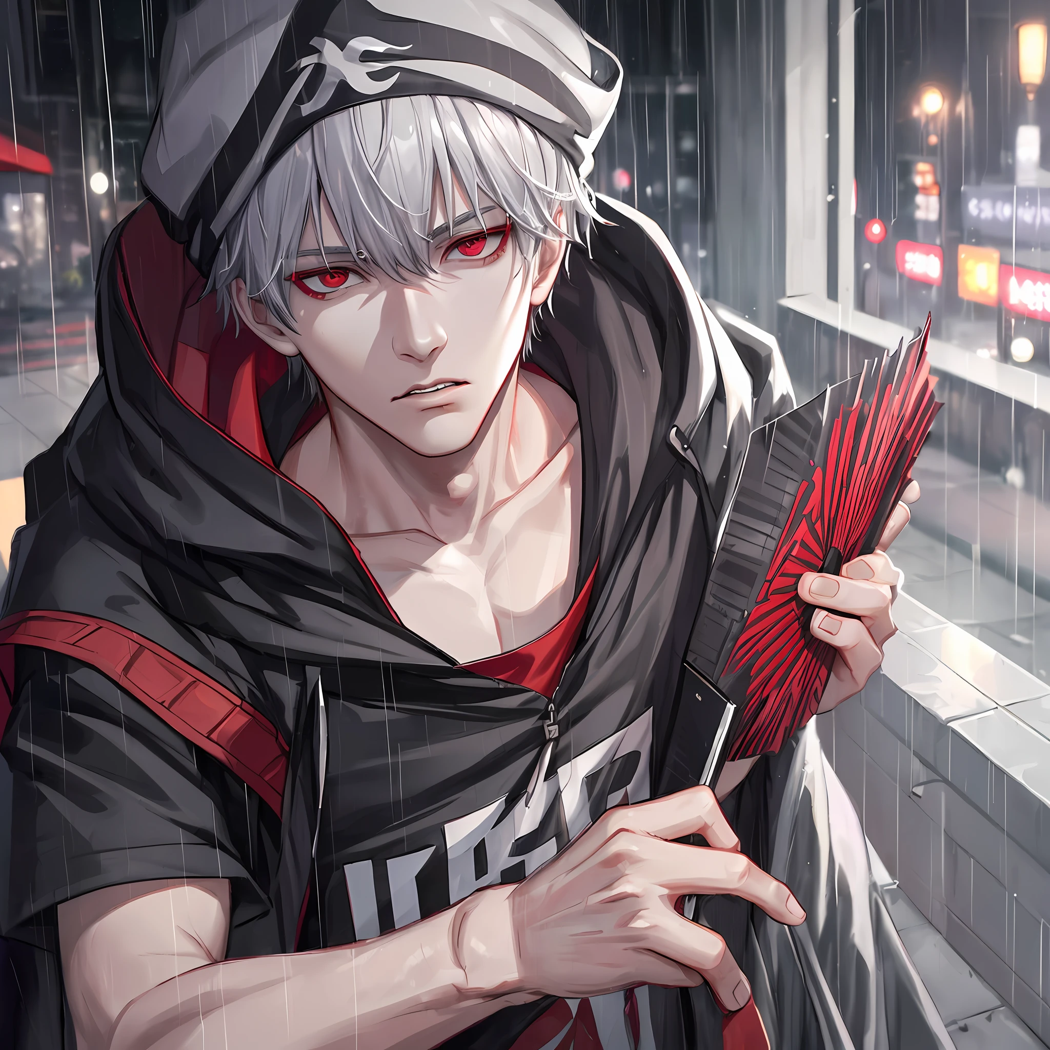 kk, best quality, more details, mastery, 1boy, kaneki ken, portrait, male focus, red eyes, solo, bangs, looking at viewer, hood, short hair, rain, tokyo tokyo \(city\), turban, nail polish , gray hair, luxury, 8k, detail, ray tracing, depth of field, movie lighting,