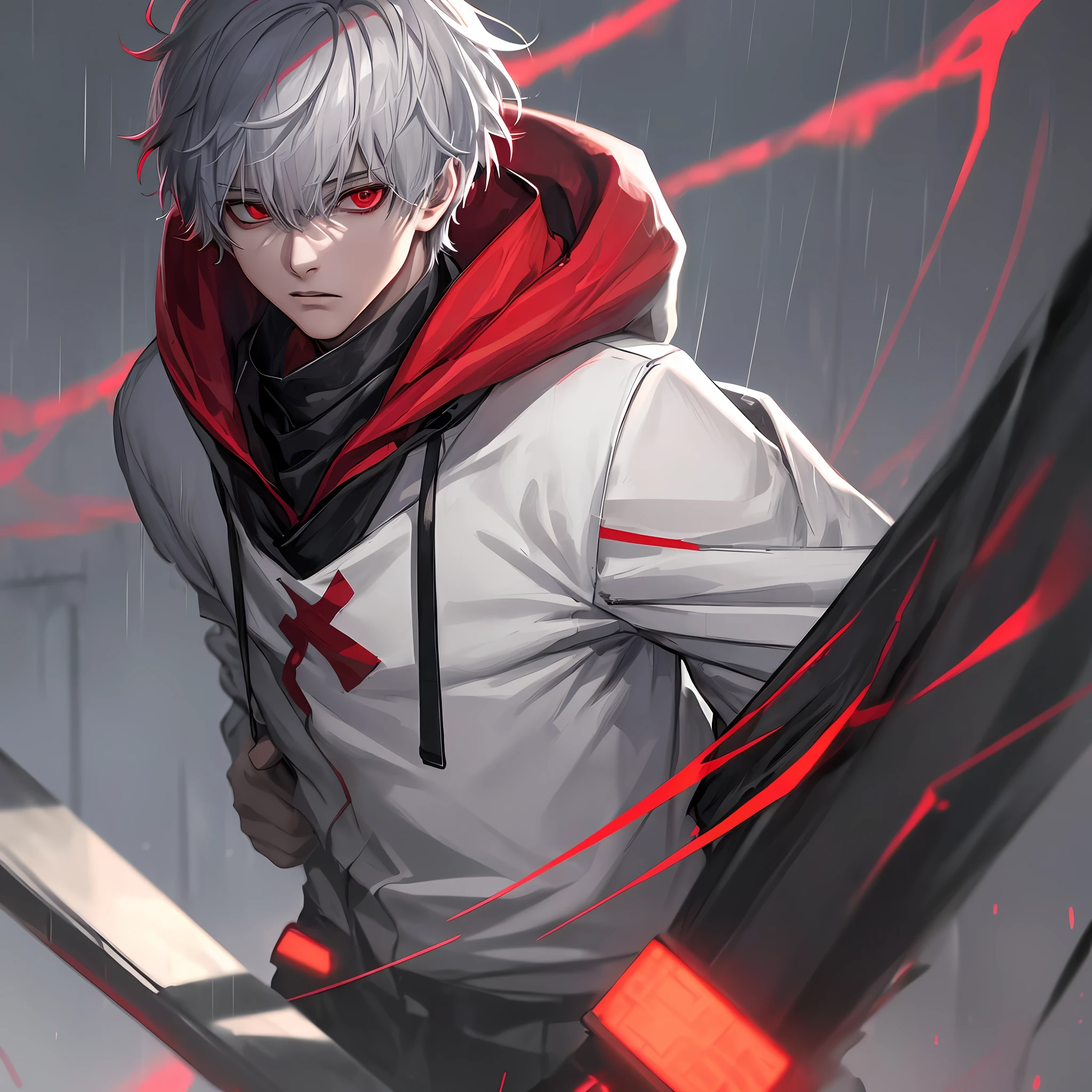 kk, best quality, more details, mastery, 1boy, kaneki ken, portrait, male focus, red eyes, solo, bangs, looking at viewer, hood, short hair, rain, tokyo tokyo \(city\), turban, nail polish , gray hair, luxury, 8k, detail, ray tracing, depth of field, movie lighting,