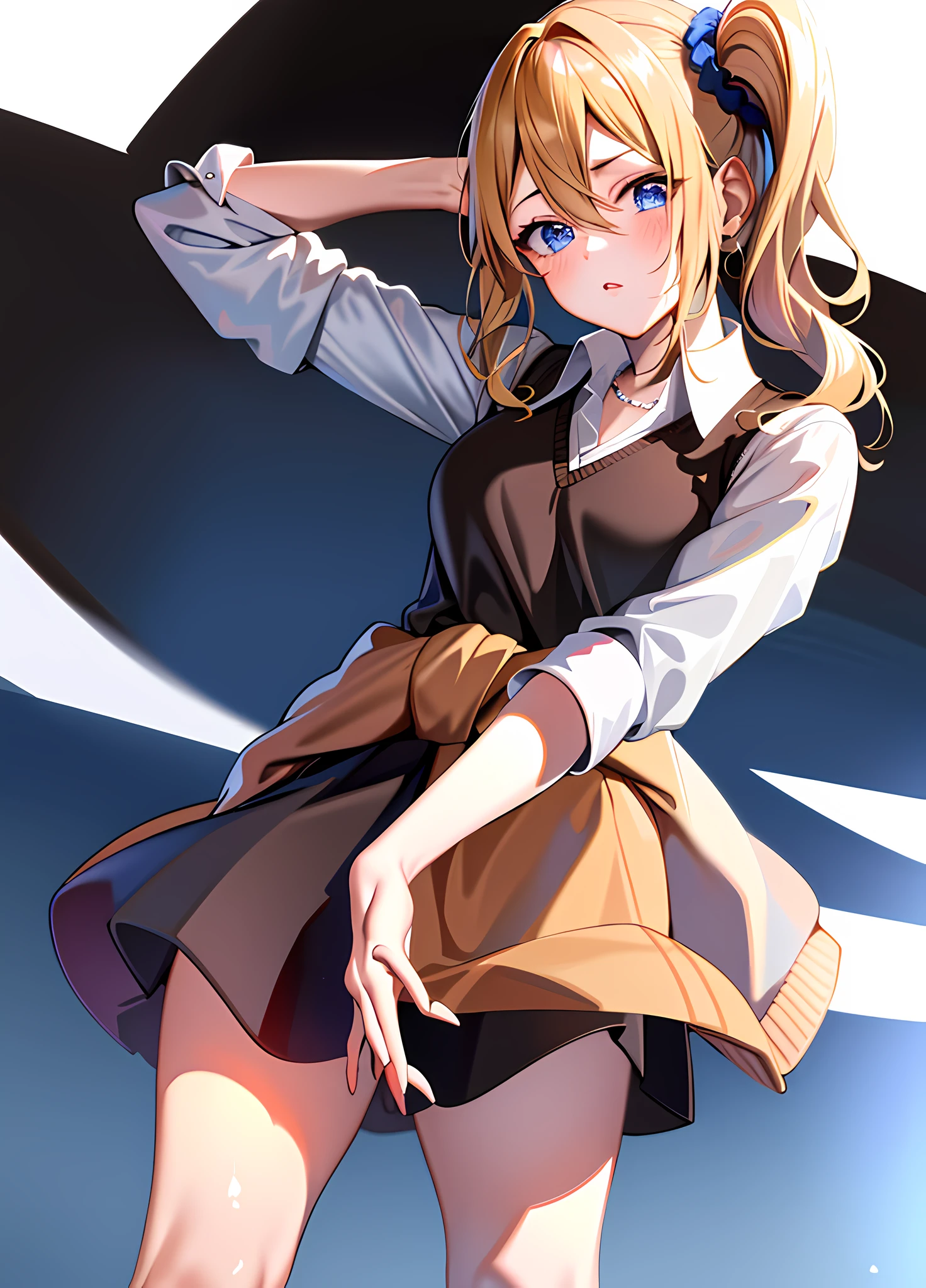 masterpiece, best quality, AiHayasakaV4, 1girl, solo, breasts, looking at viewer, blush, blue eyes, blonde hair, simple background, shirt, hair ornament, white background, hair between eyes, school uniform, white shirt, nail polish, side ponytail, v, scrunchie, hair scrunchie, blue nails, clothes around waist, blue scrunchie, shuuchiin academy school uniform