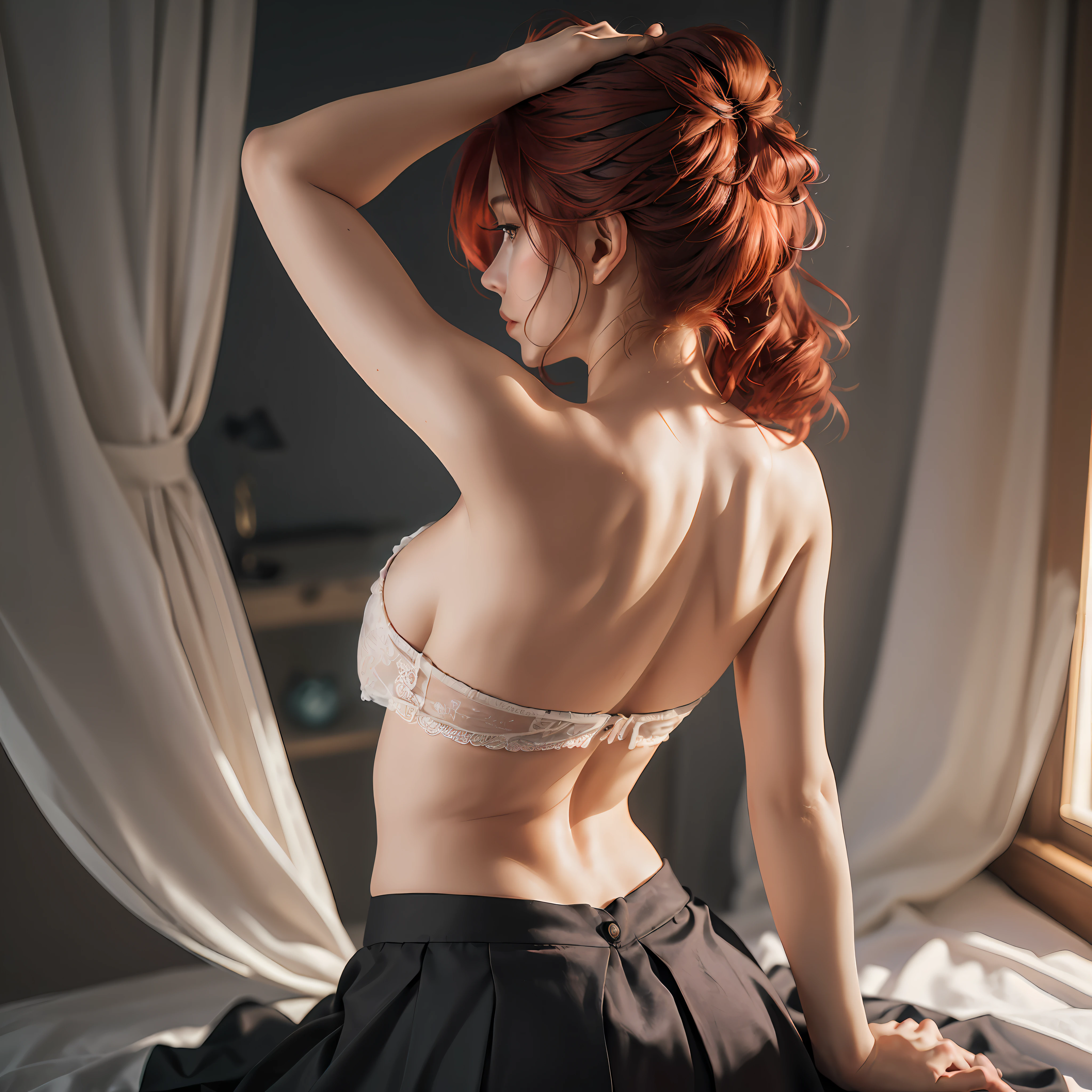 ((Realistic lighting, Best quality, 8K, Masterpiece: 1.3)), Focus: 1.2, 1girl, breasts, woman sitting, curtain, arms tied, seen up close, Perfect body beauty, ((Seen from behind)), back, hands back, hair pinned, red hair, (1solo), bedroom, black decoration, (((bare back))), skirt,