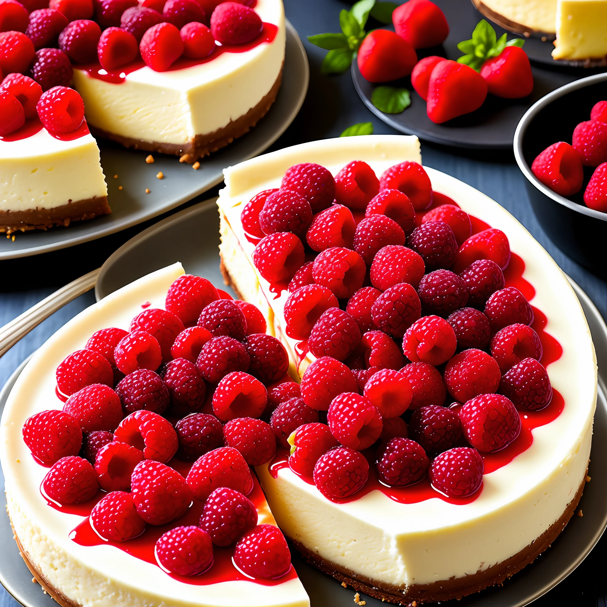 Culinary Photography, delicious cheesecake, red fruits, mouthwatering, close - up, vibrant colors, natural lighting, appetizing mood, indoor setting, 30mm wide - angle lens