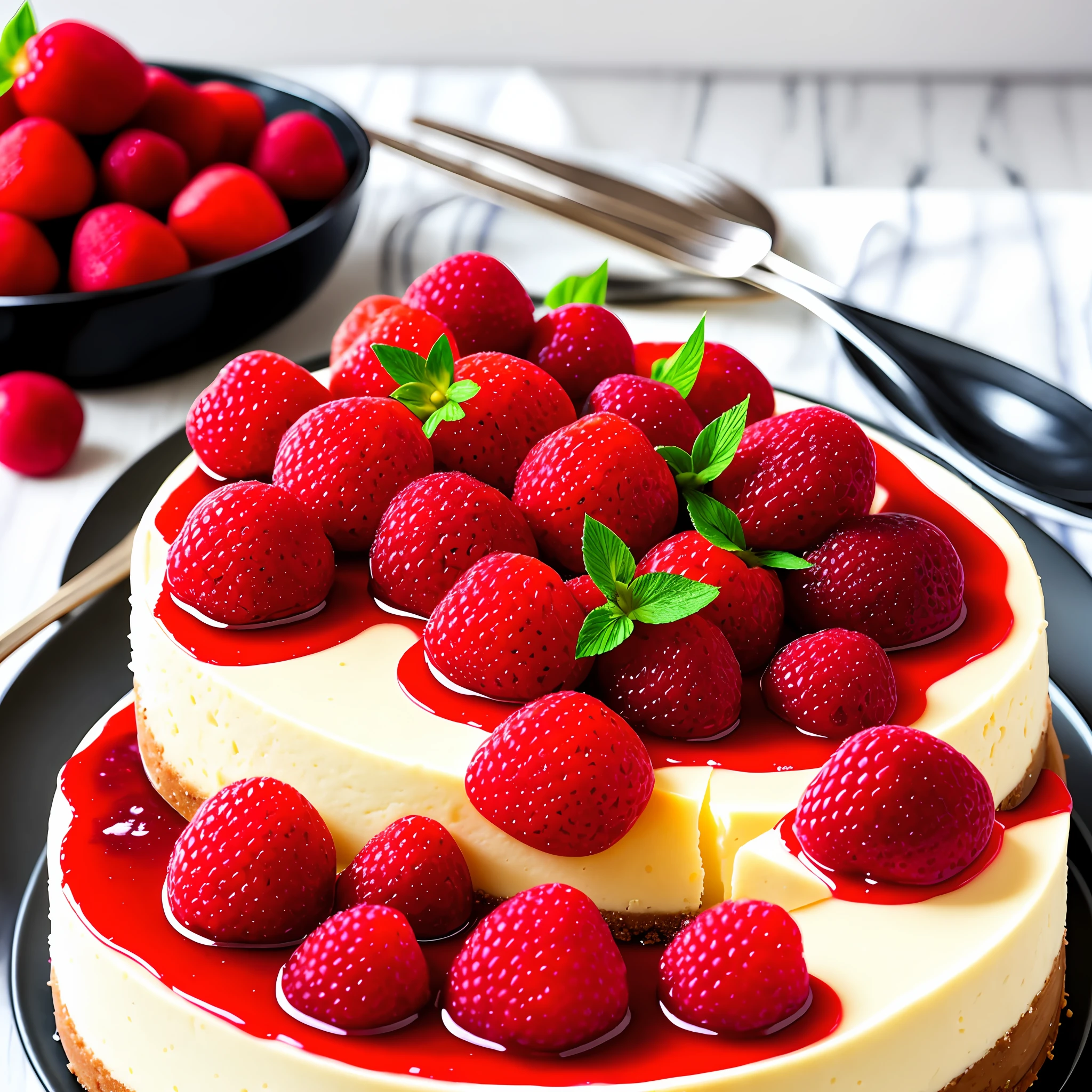Culinary Photography, delicious cheesecake, red fruits, mouthwatering, close - up, vibrant colors, natural lighting, appetizing mood, indoor setting, 30mm wide - angle lens