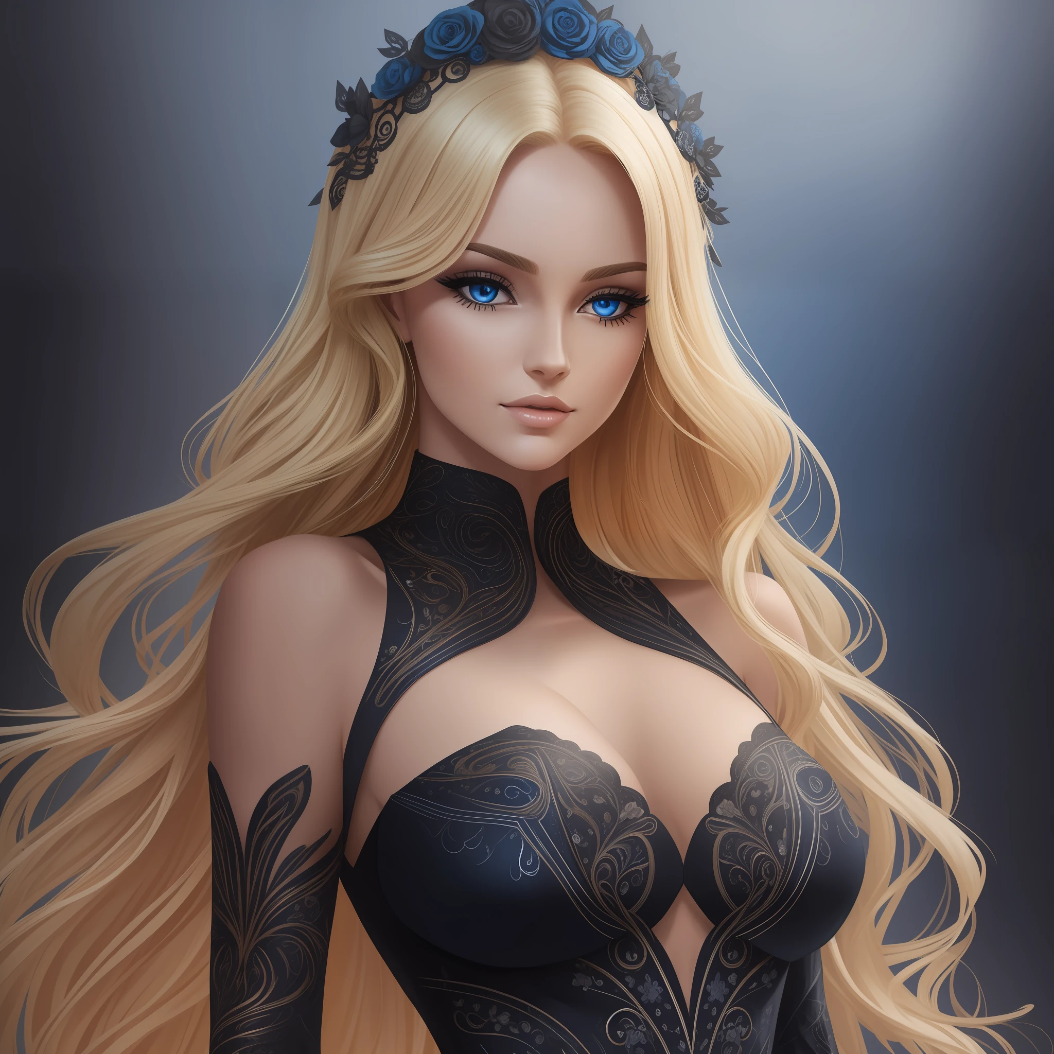 Blonde woman, long hair blue eyes, elegant black evening dress, with backed contours, intricate details, whatercolor,discreet splash digital paint