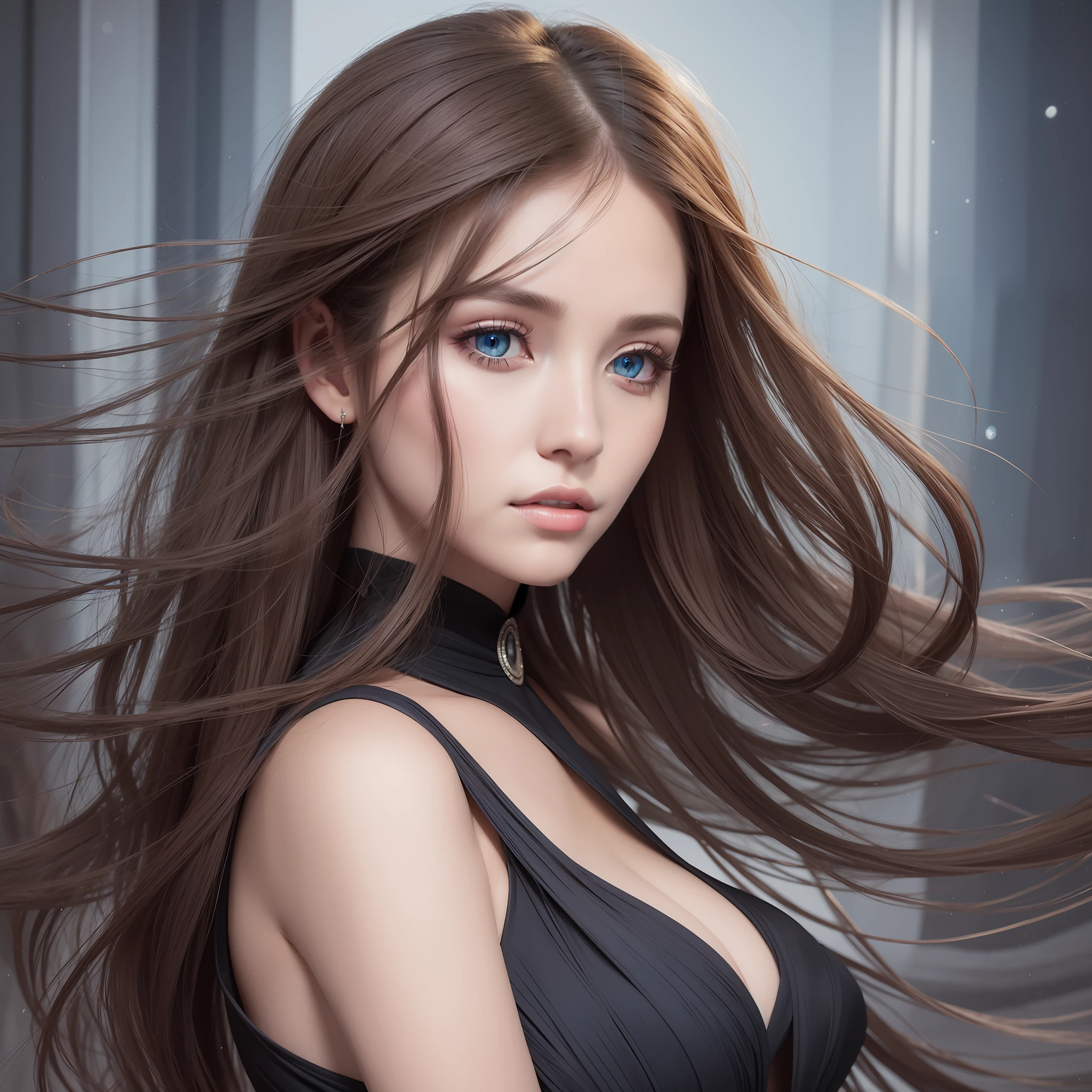 White woman, blue eyes, brown hair long in the wind, elegant black evening dress, with backed contours, intricate details, whatercolor, splash, discreet, digital paint