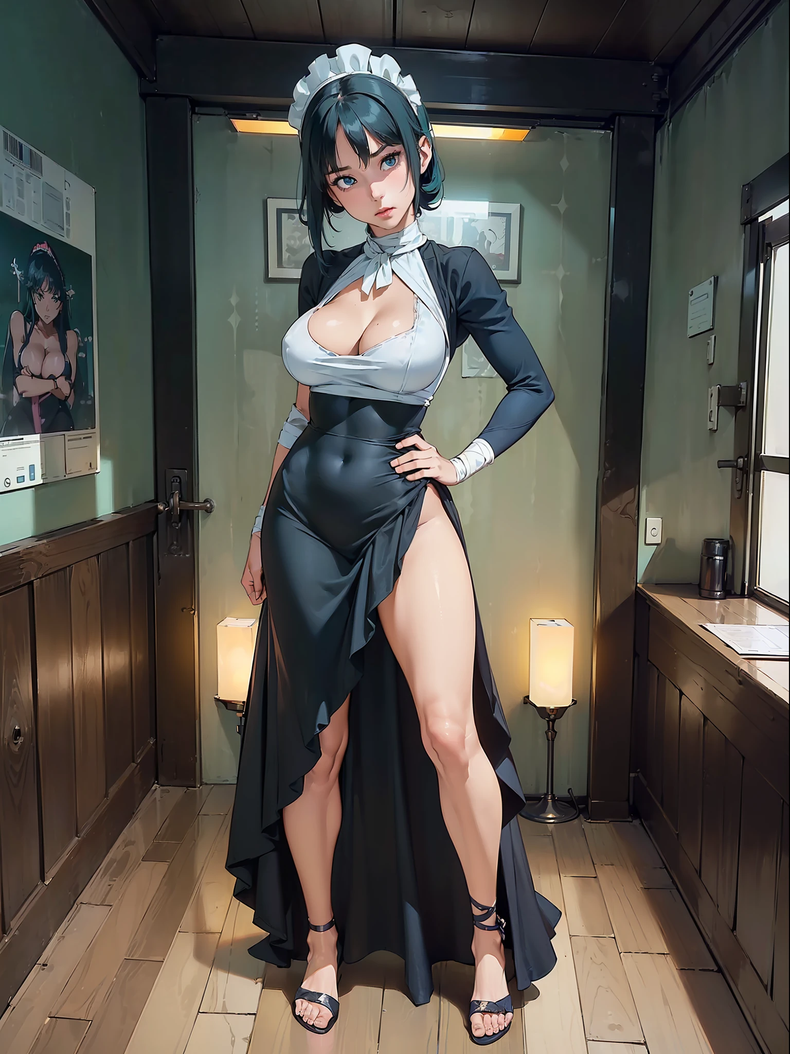 (full body photo standing+looking at the viewer+from the front:2), (1+woman+mummy+extremely bandaged:1.5), (breasts+firm+extremely large:2), (wearing black silkmaid clothes+almost no clothes+skirt+extremely tight+white fabric maid's headdress:1.5), (she is inside a bus crowded with treadmills:1.5), (she has short green hair:1.5), (blue eyes:1.5), (doing pose+exhibitionist+sensual+herotic+for the viewer:1.5), Eye-Level Shot, Anime, Anime Style, 16k, best quality, extremely detailed, award-winning, high quality, UHD, 16k, best quality, award-winning, high quality, UHD
