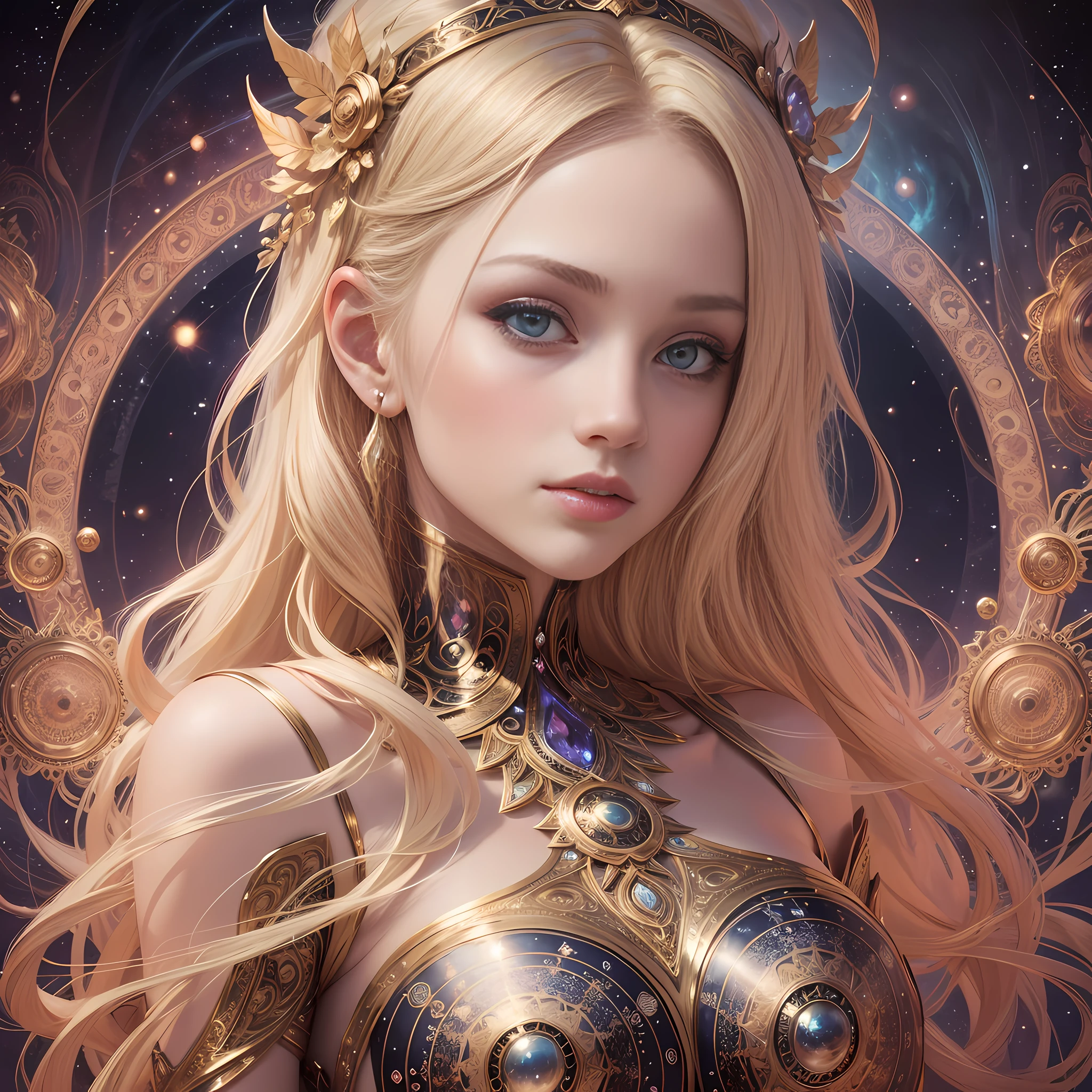 beautiful girl, blonde hair, portrait looking at the viewer in half-turns, slender body, spiral awakening, intricate details, cosmic, ethereal, mystical, complex environment, brushes, delicate shades, lighting lights, masterpiece, ultra-high resolution, high quality, Empress Tarot card