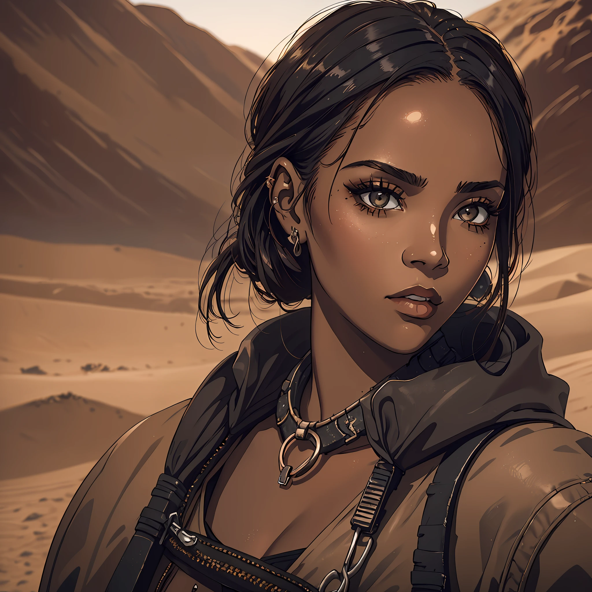 (a young woman:1.2)| (a girl:1.1), dark skin, portrait, makeup, super detailed, madmax style, desert, straight look, contoured.