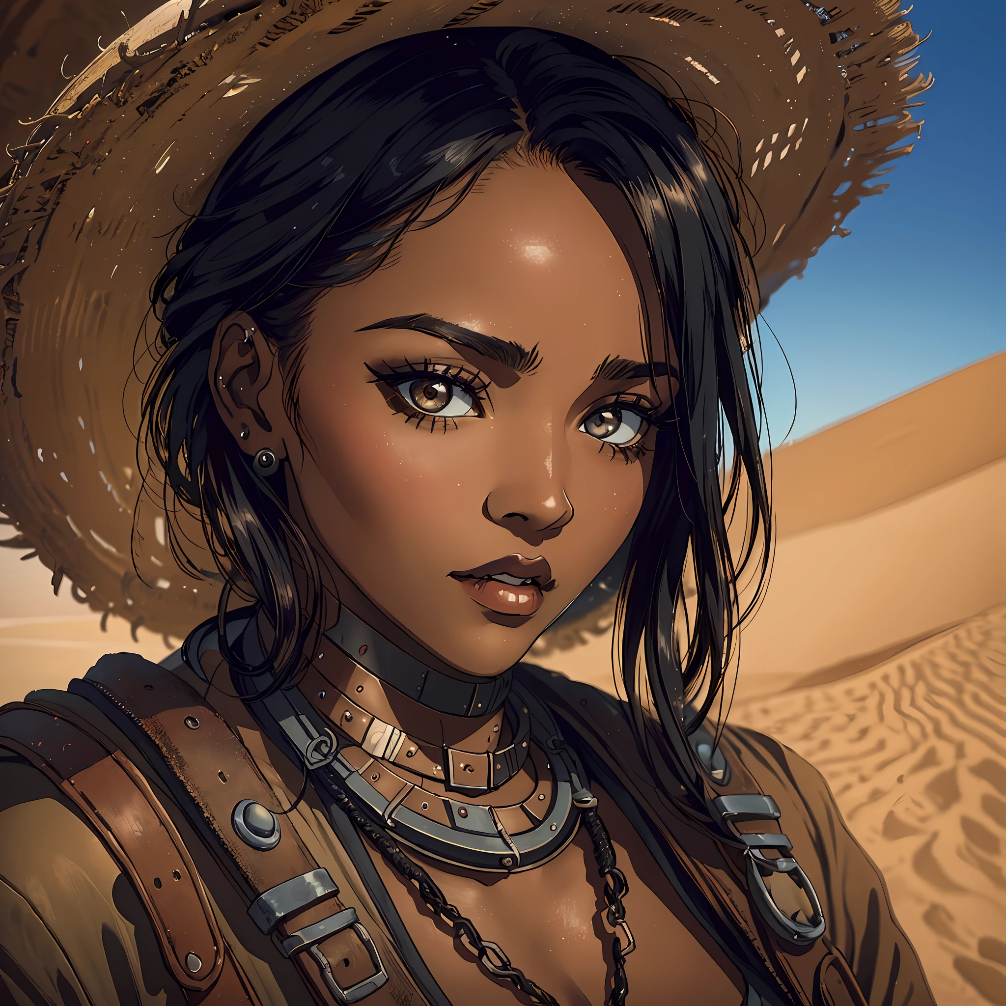 (a young woman:1.2)| (a girl:1.1), dark skin, portrait, makeup, super detailed, madmax style, desert, straight look, contoured.