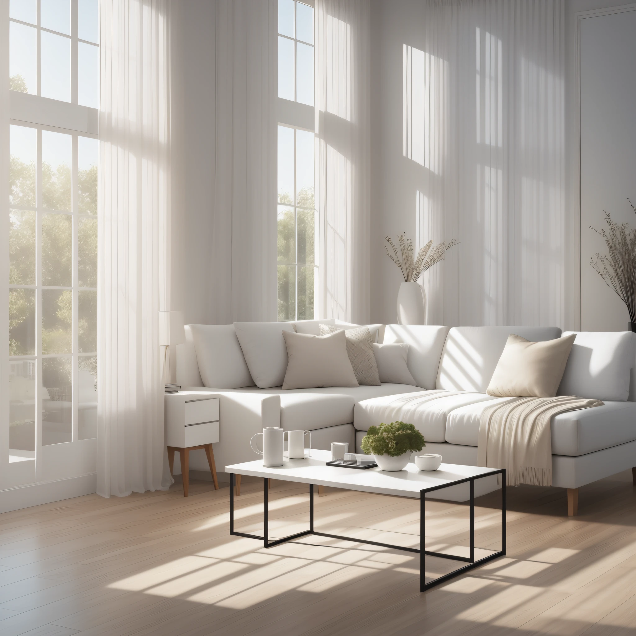 modern living room with white furniture, cushions, frames with no pictures, soft late afternoon light coming through windows, god rays, UHD, retina, super detail, high quality, highres, 16k