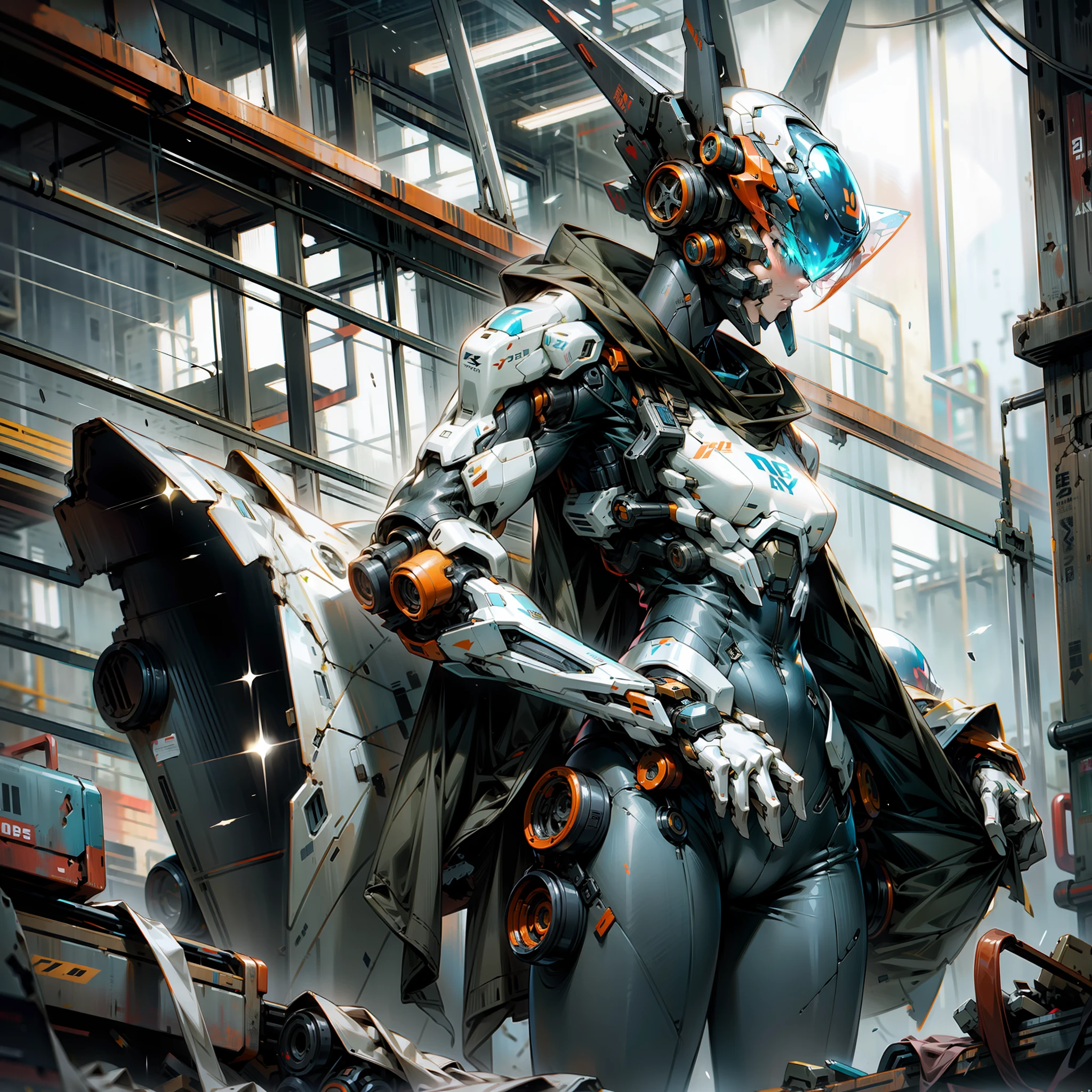 cyber waifu, rusty suit, broken suit, pale colors, rain thunderstorm, broken, broken helmet, ruined suit