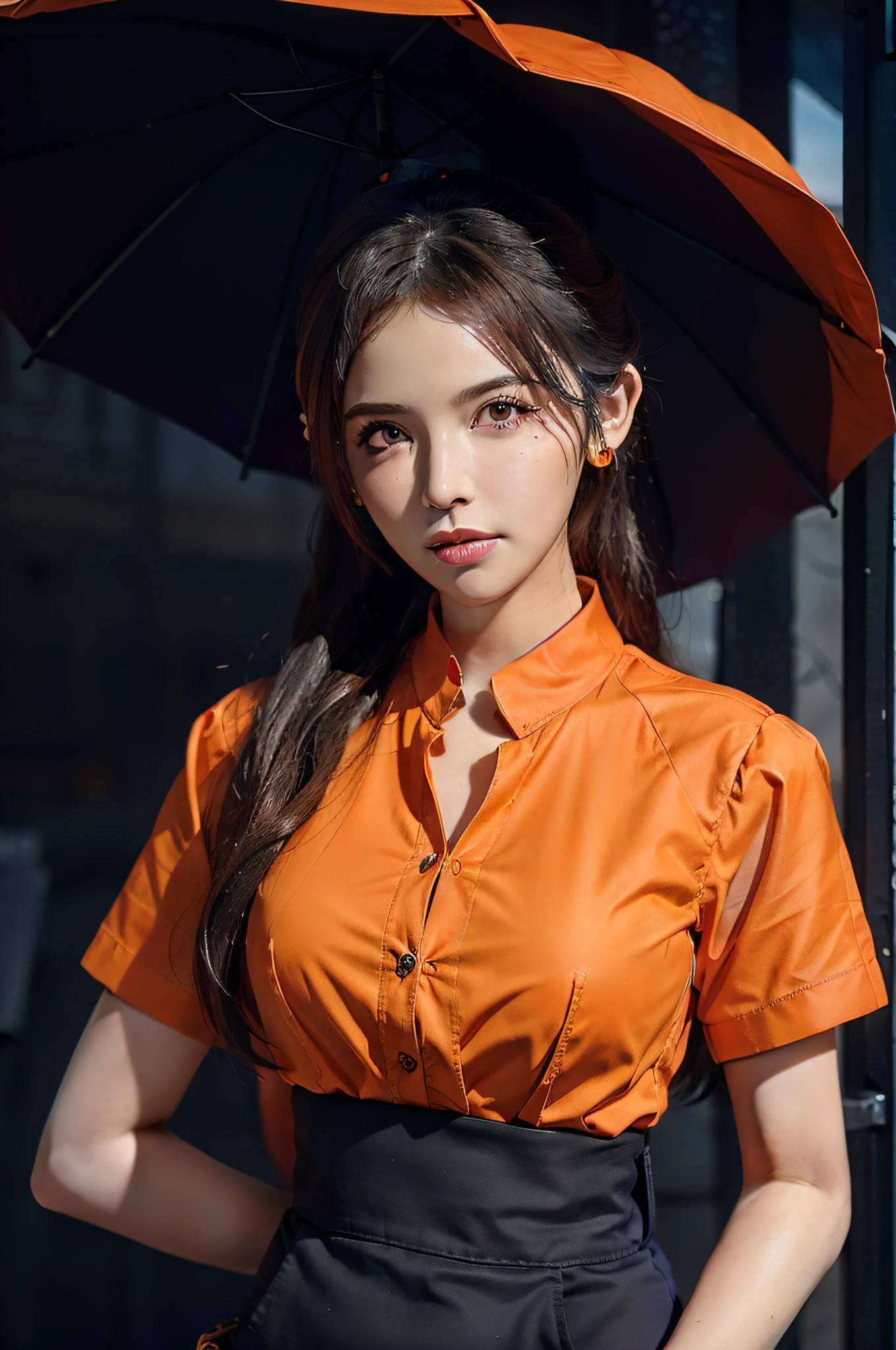 orange_background, 1girl, jewelry,carrying a stylish bag , earrings, orange_sky, orange_theme, solo, mole, long_hair, mole_under_eye, upper_body, grey_eyes, looking_at_viewer, sunset,white hair,(orange shirt:1.4), Fashion,
