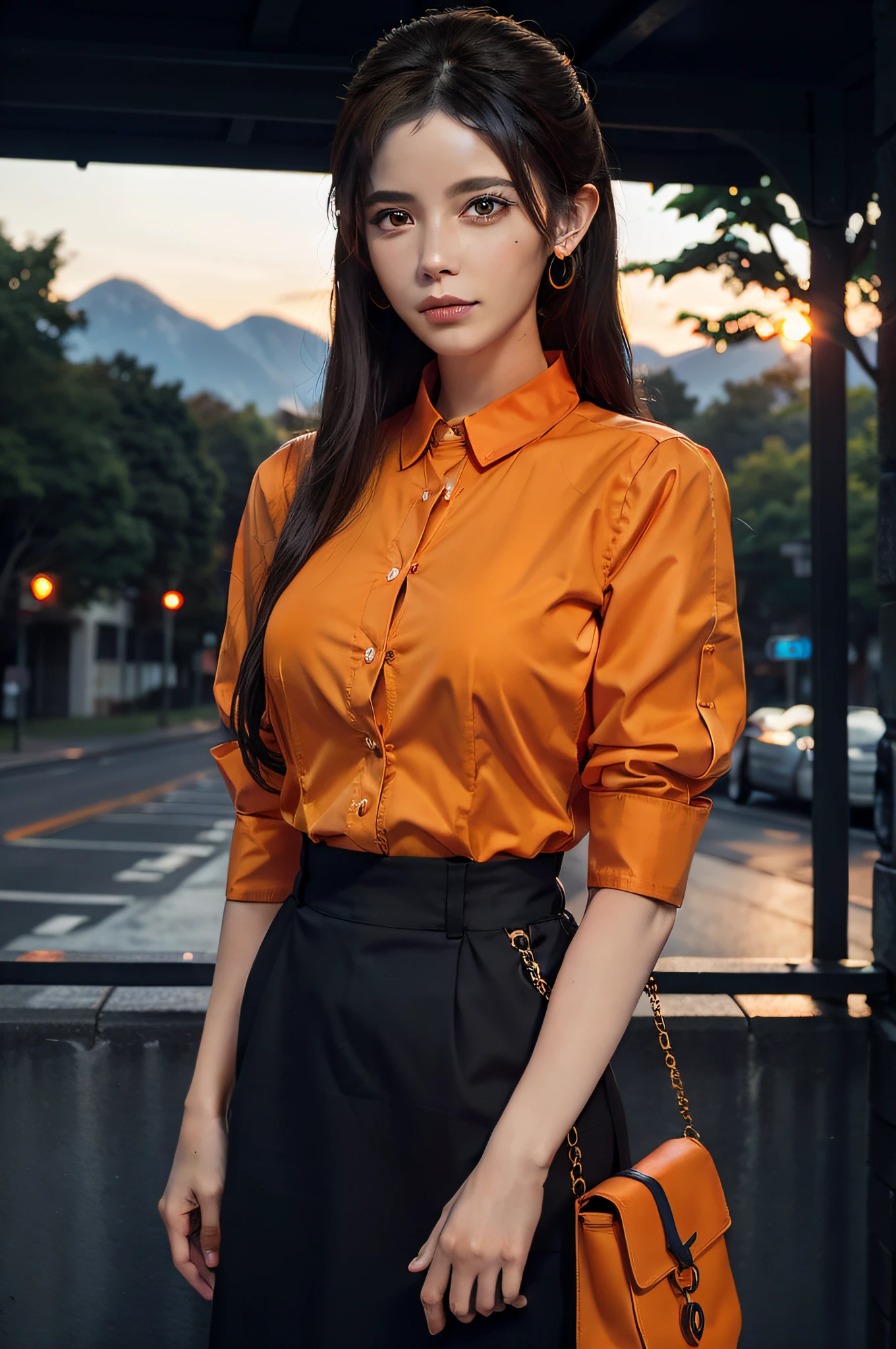 orange_background, 1girl, jewelry,carrying a stylish bag , earrings, orange_sky, orange_theme, solo, mole, long_hair, mole_under_eye, upper_body, grey_eyes, looking_at_viewer, sunset,white hair,(orange shirt:1.4), Fashion,