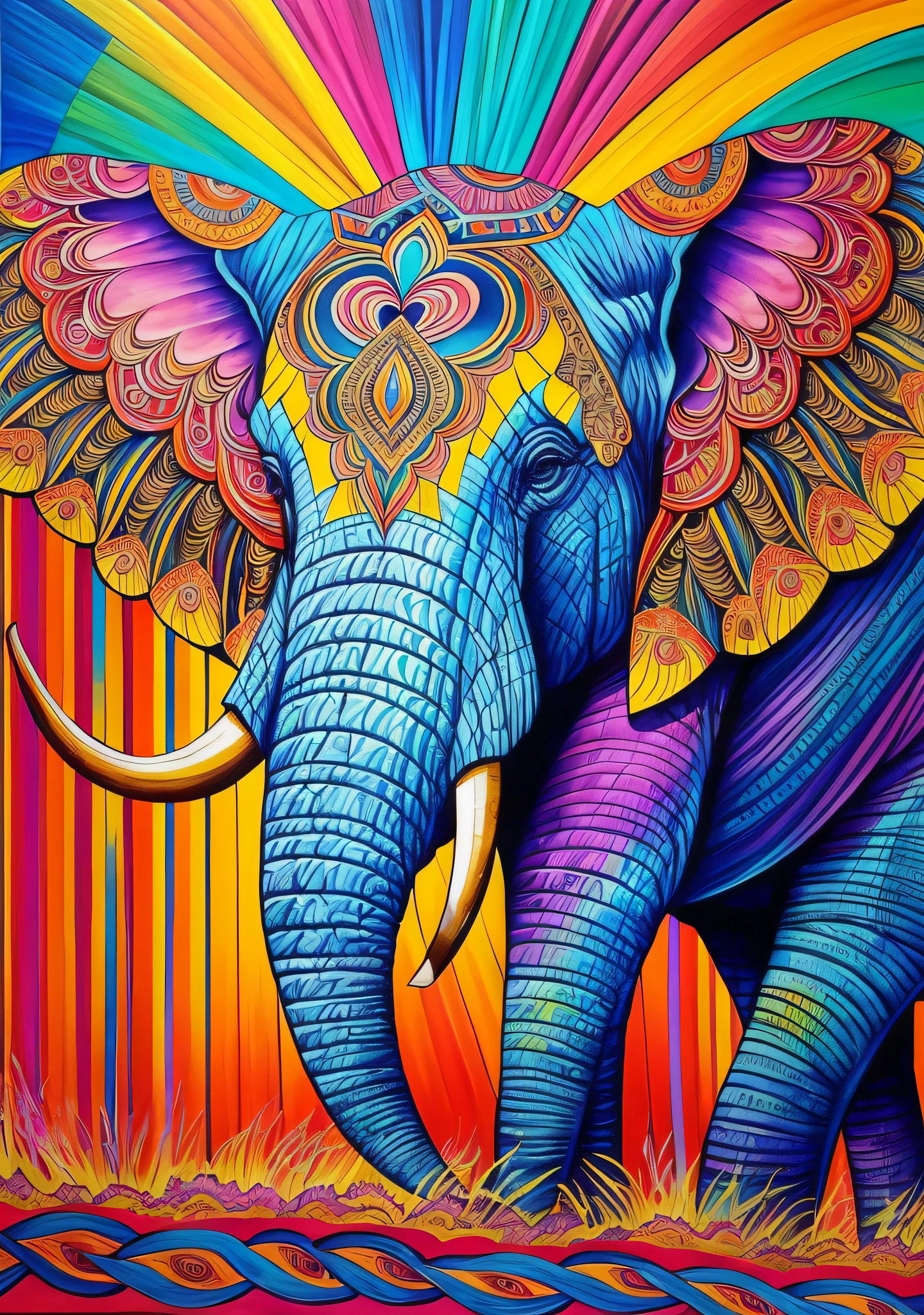 featuring a captivating and vibrant psychedelic painting of an elephant. The art of the elephant is exquisitely designed with vivid colors, intricate patterns and mesmerizing details. The painting is leaning against the back of the frame, creating a dynamic and casual display. The combination of the psychedelic art of the elephant adds a touch of artistic fascination to any space. --auto --s2