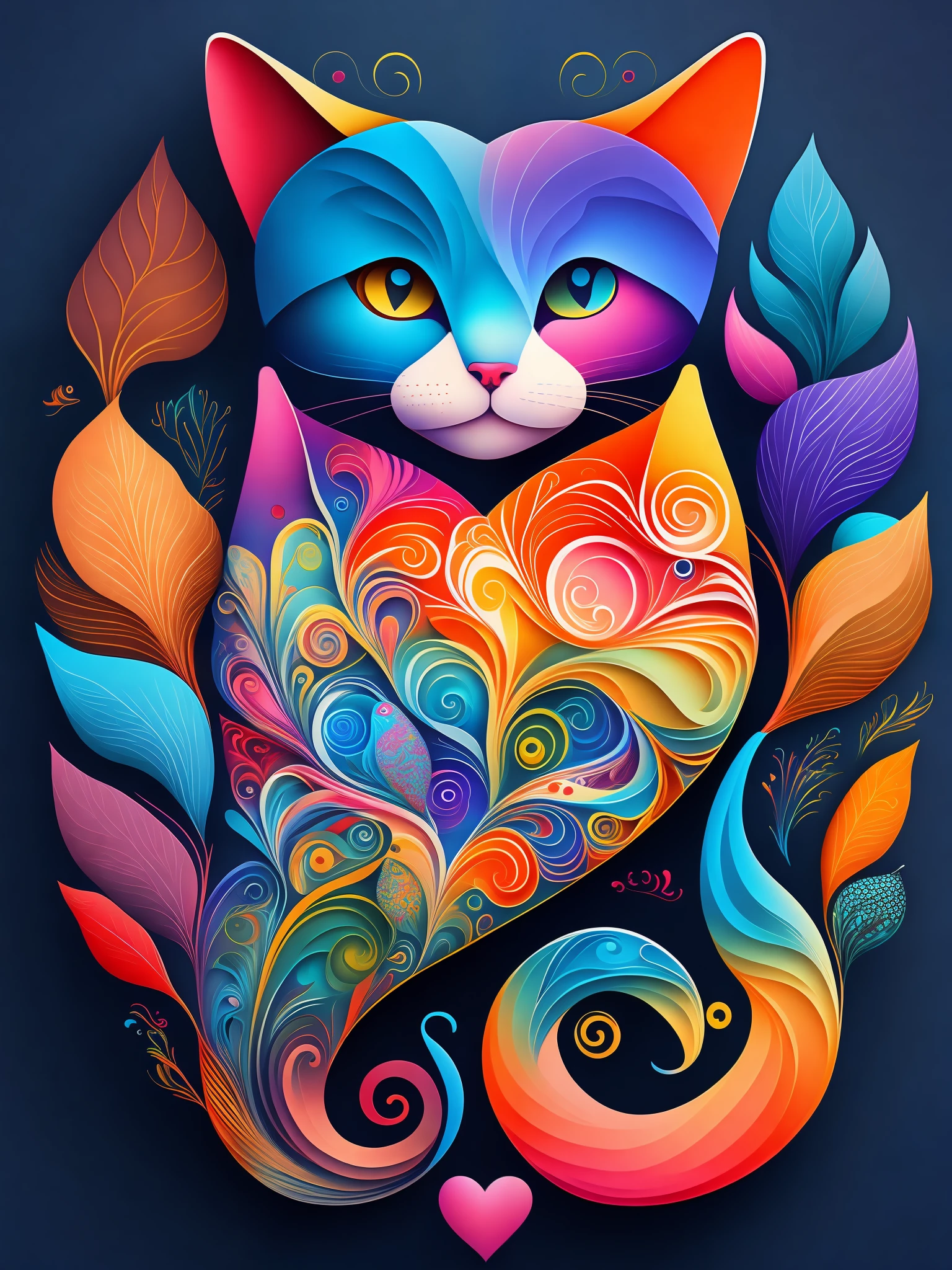 the colorful abstract of (cat and fish of love shape), (colorful,high detailed,vector-art)