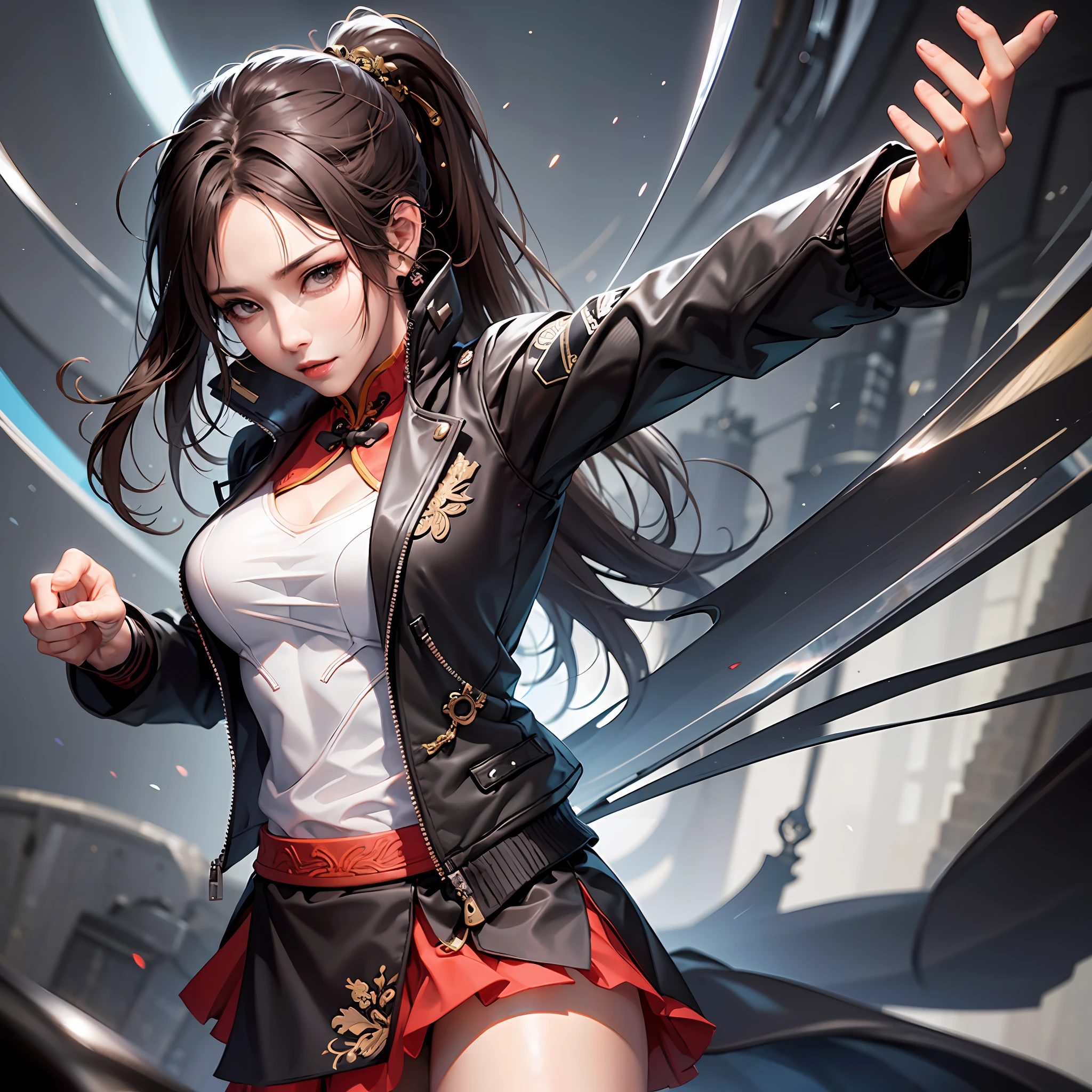 There is a woman in a black jacket and skirt practicing Chinese martial arts, 3 D rendered character art 8 K, realistic style, best quality, sweet smile --auto --s2