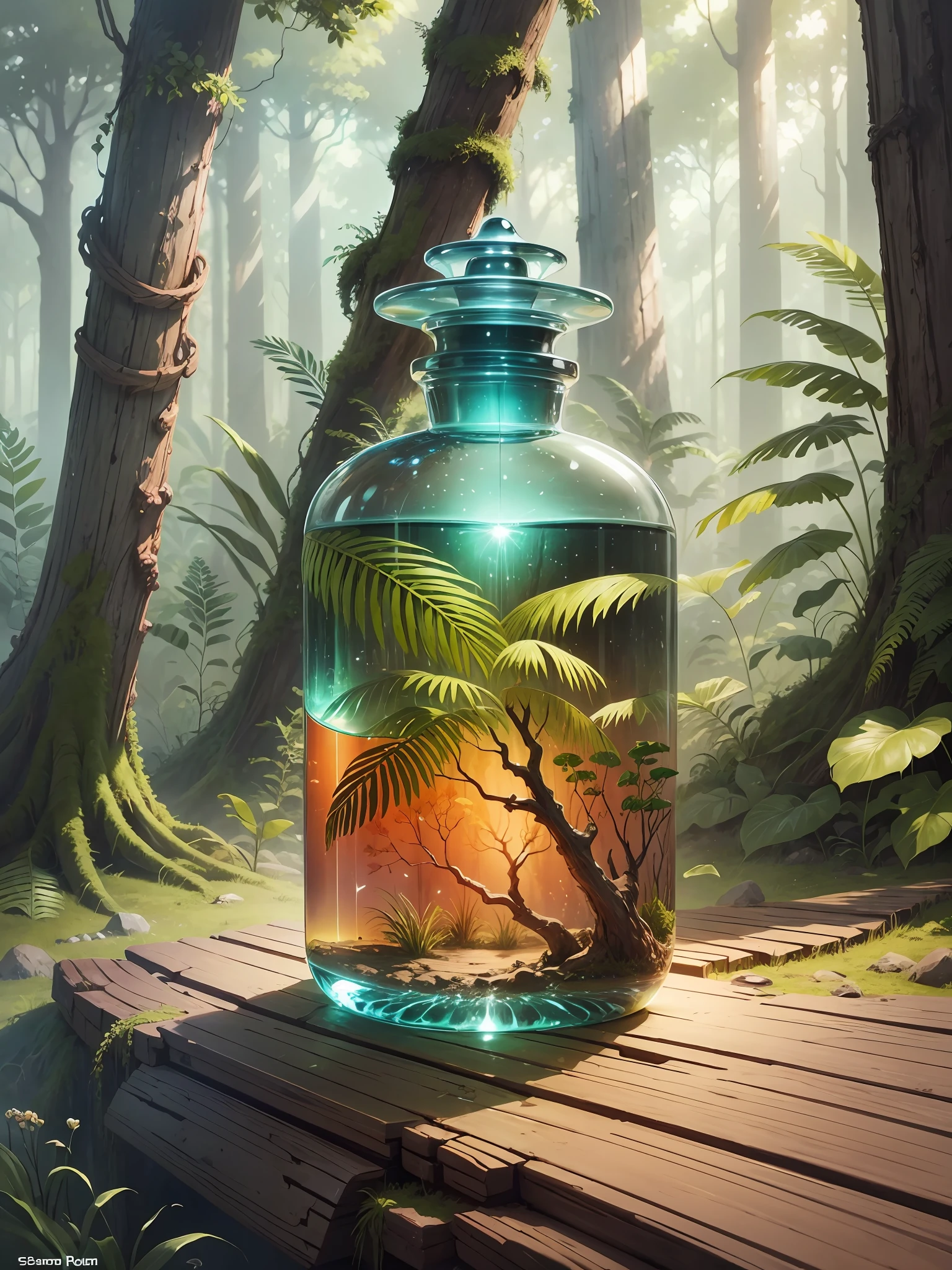 Design a perfume bottle, inspired by a Jurassic forest. --auto --s2