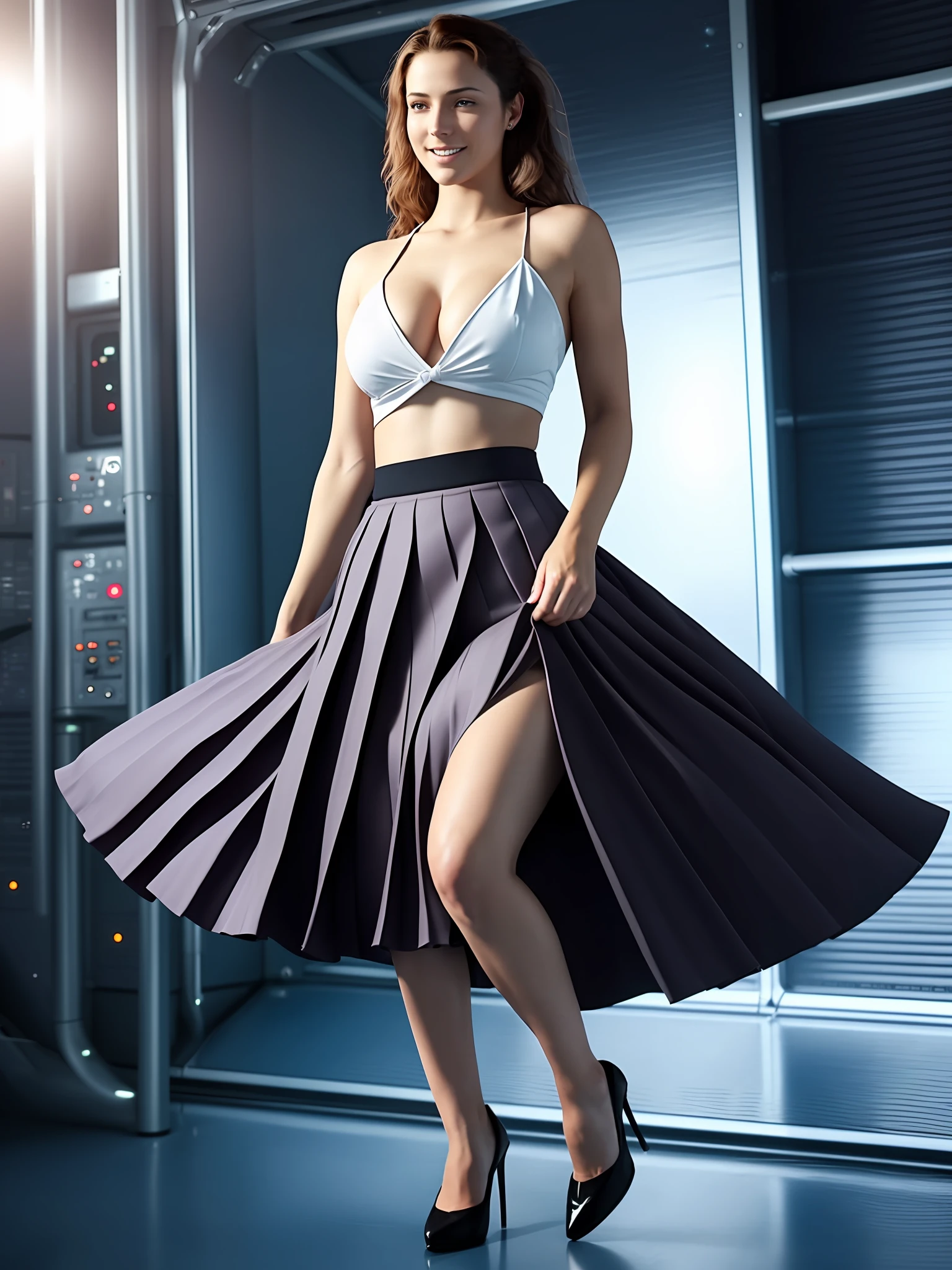 a therapist is dancing in her skirt (in a ???????? manner:1.3) while in a space station, (shy) authentic (kind and tender) lesbian woman wearing a short blazer with a very very detailed (long (fully pleated) full circle skirt) and (simple) low heeled office shoes, very very intricate hyper-detailed symmetric (attractive graceful young feminine face) with (sad, tired) eyes and a (flirty smile), full of empathy and compassion and love, (pronounced feminine features:1,3), extremely freckled skin and very long dark hair, big ?????, ?????????????, shirtless, ???????, (highly detailed ultra accurate realistic) hands and fingers, ((windy conditions and wind blowing)), epic composition, highly detailed attributes, highly detailed atmosphere, detailed background, intricate, Exquisite details and textures, highly detailed, deep space station secret operations active background,