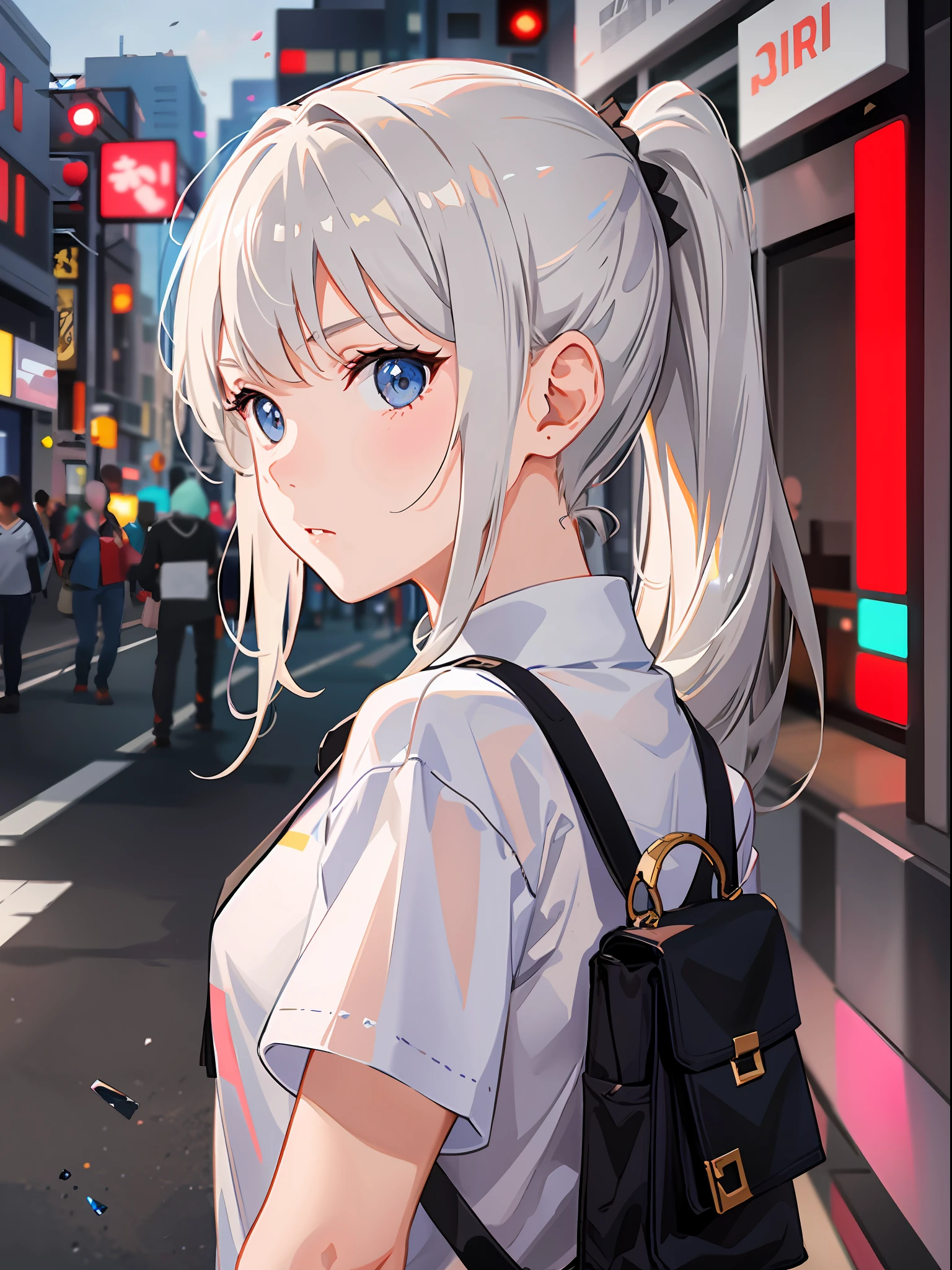 A young girl with a double ponytail, dressed in civilian clothes. She should be on the street. Her expression was serious, her eyes should be silver, and her hair was tan.