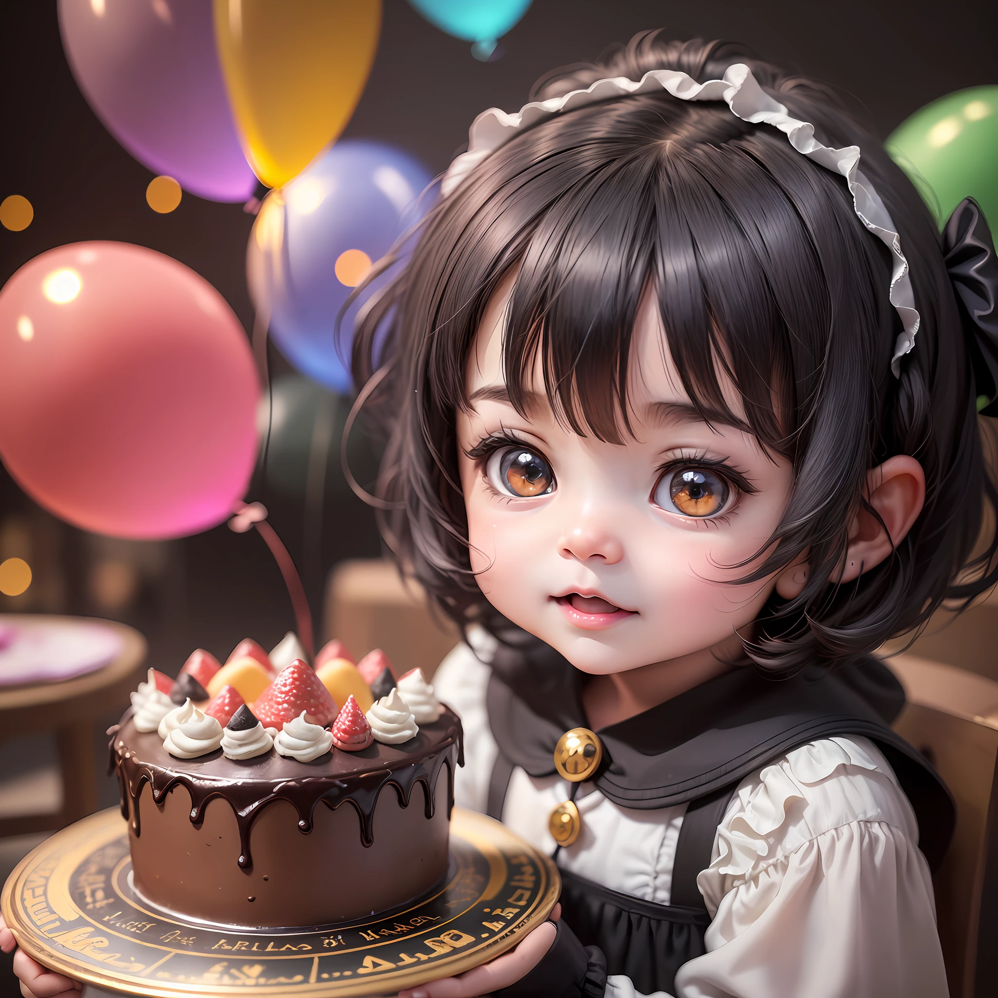 ((A cute dragon baby girl wblack hair and brown eye))with lots of good food in front of her, good food, birthday cake, lots of balloons, happy, happy, perfect quality, clear focus (mess - house: 0.8), (masterpiece: 1.2) (Realistic: 1.2) (Bokeh) (Best quality) (Detailed skin: 1.3) (Intricate details) (8K) (Eye Detail) (Sharp focus), (Happy)