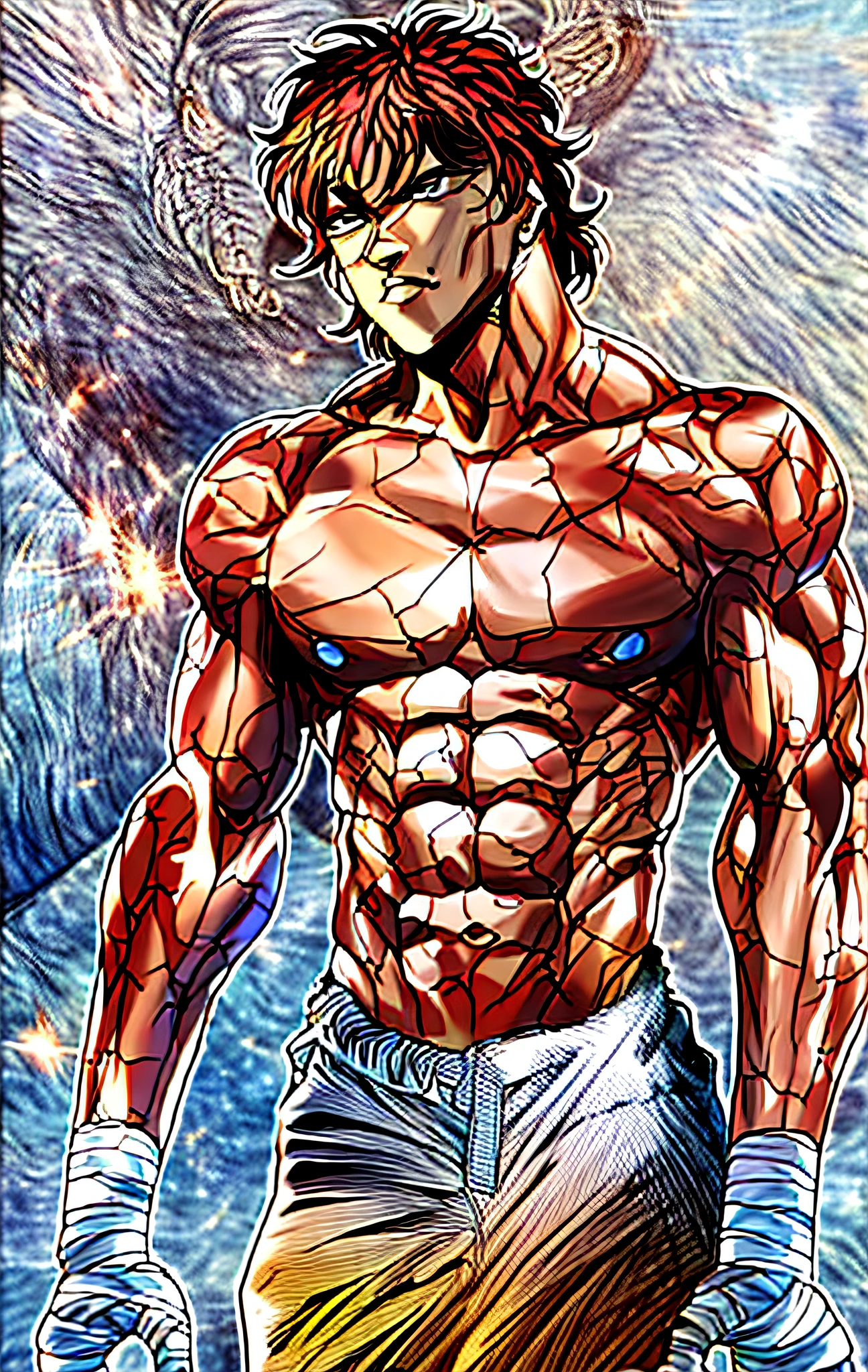 a drawing of a man with a muscular body and no shirt, muscular!!, baki style, baki, baki the grappler, muscular!! sci-fi, muscular! white, kentaro miura manga art style, muscular!, exaggerated muscle physique, kentaro miura manga style, muscular!!!, muscular character, large muscles, exaggerated physique