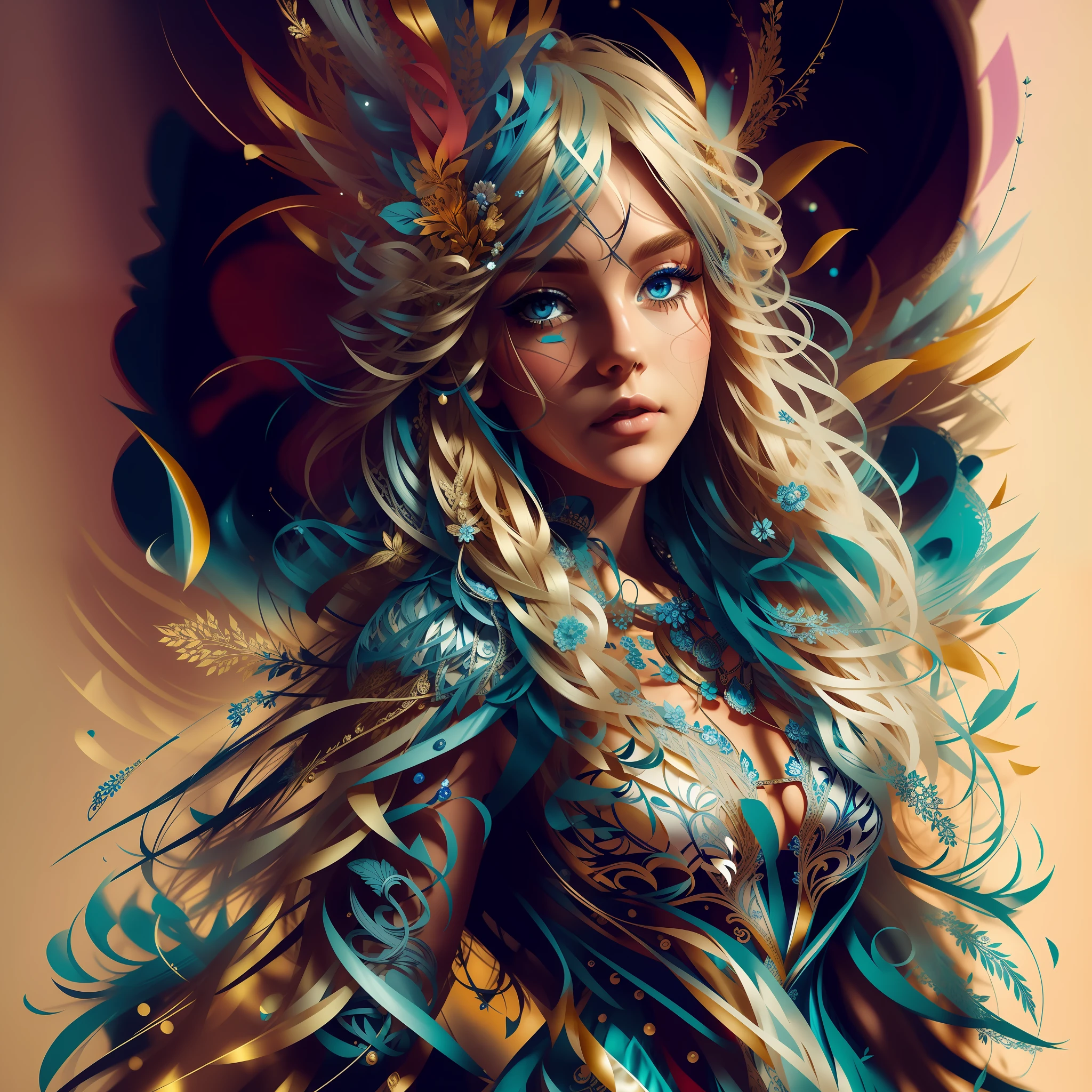 Blond woman, long hair blue eyes, evening dress, intricate details, whatercolor splash low key