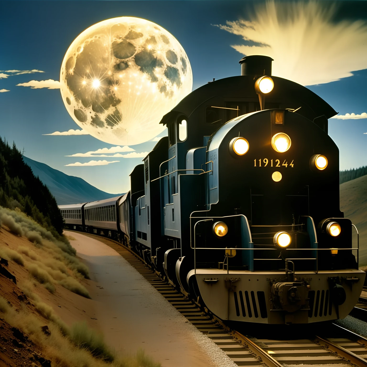 Image of a train, train scene from the movie DISENCHANTMENT 1945, the full moon, departure of the train, by Edward Robert Hughes