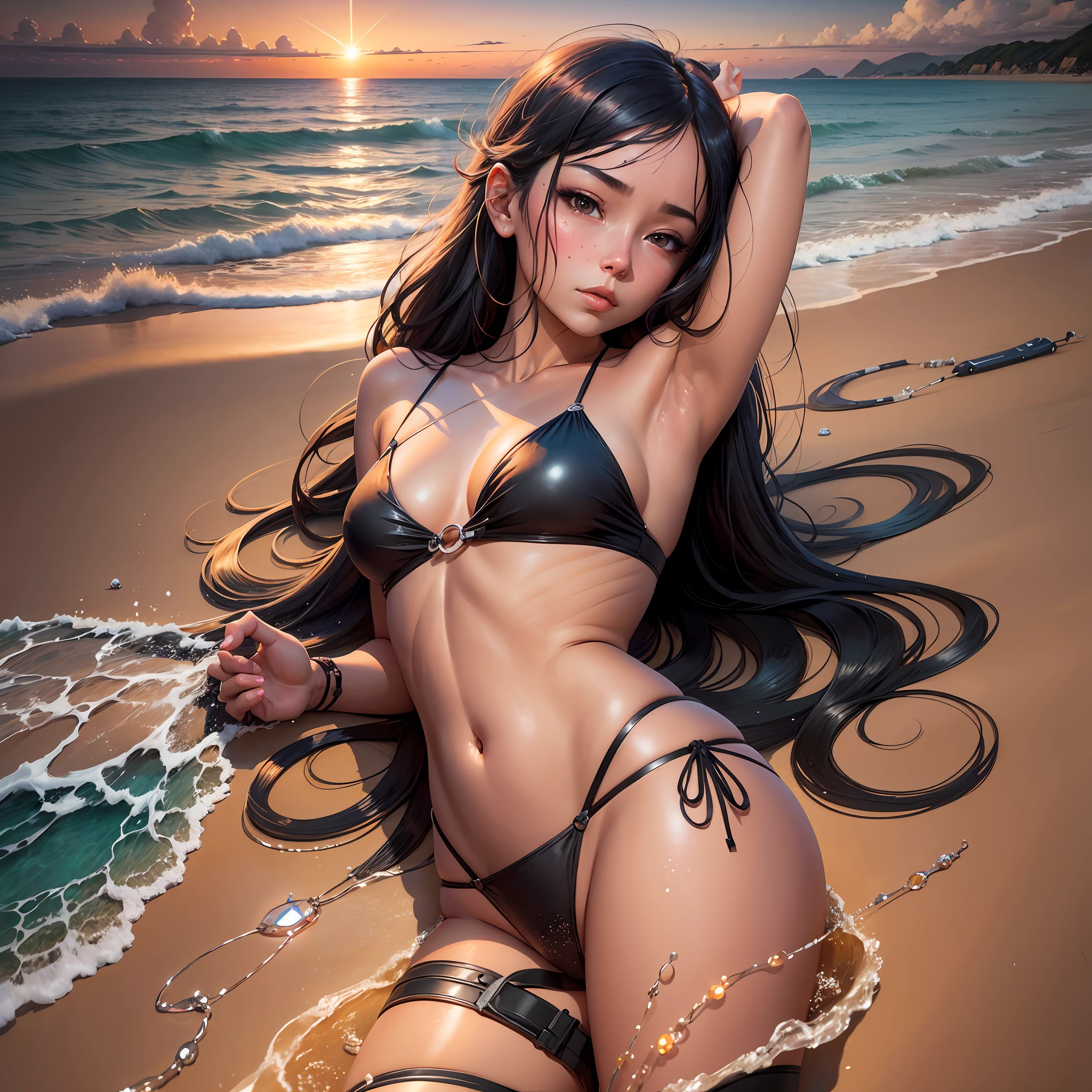 arafed woman in a bikini lying on the beach at sunset, trend in cgstation, artwork in the style of guweiz, on the sand, on a beach, deviantart artstation cgscosiety, by Victor Wang, seductive anime girl, beach, masterpiece guweiz, on the beach at sunset, Surrealism, cinematic lighting, 4K --auto --s2