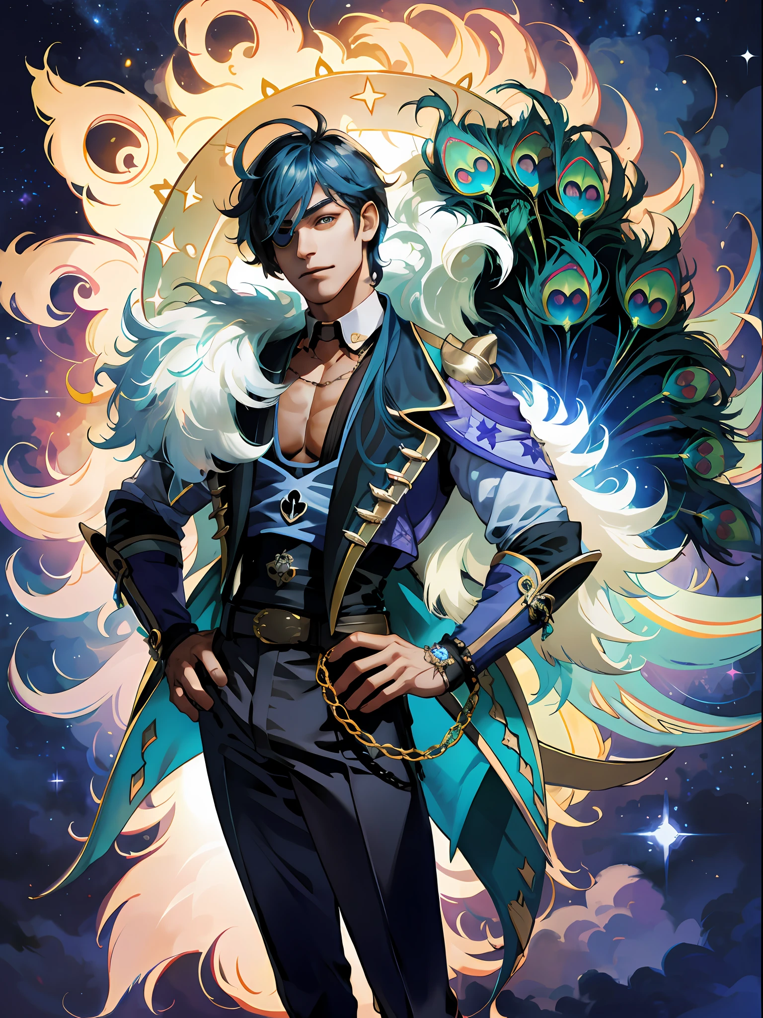 extremely delicate and beautiful, Amazing, finely detail, masterpiece, ultra-detailed, highres,best illustration, best shadow,intricate,sharp focus,  high quality, 1 male solo, mature, handsome, tall muscular guy, broad shoulders, tan skin, dark skin, blue hair. eyepatch, kaeya genshin impact, peacock feathers on background, peacock feather in front of him, backlight, night sky and stars