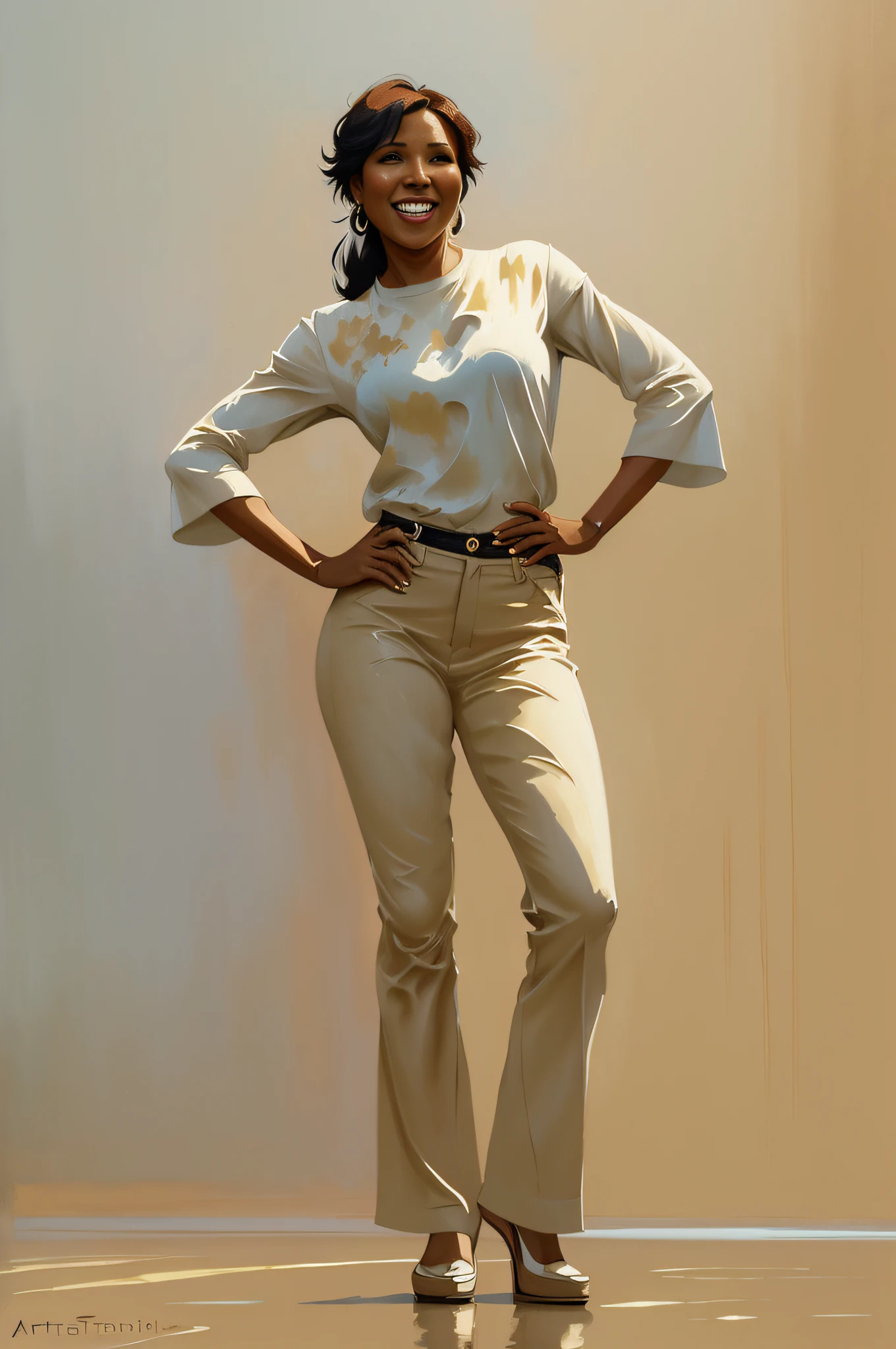 Toni Braxton laughing in a standing pose, artist studio, by artgerm and Edouard Bisson, highly detailed, art by Stanley Artgerm, Charlie Bowater, Atey Ghailan and Mike Mignola, by greg rutkowski, oil painting, heavy strokes, paint dripping, kids story book style, muted colors, watercolor style