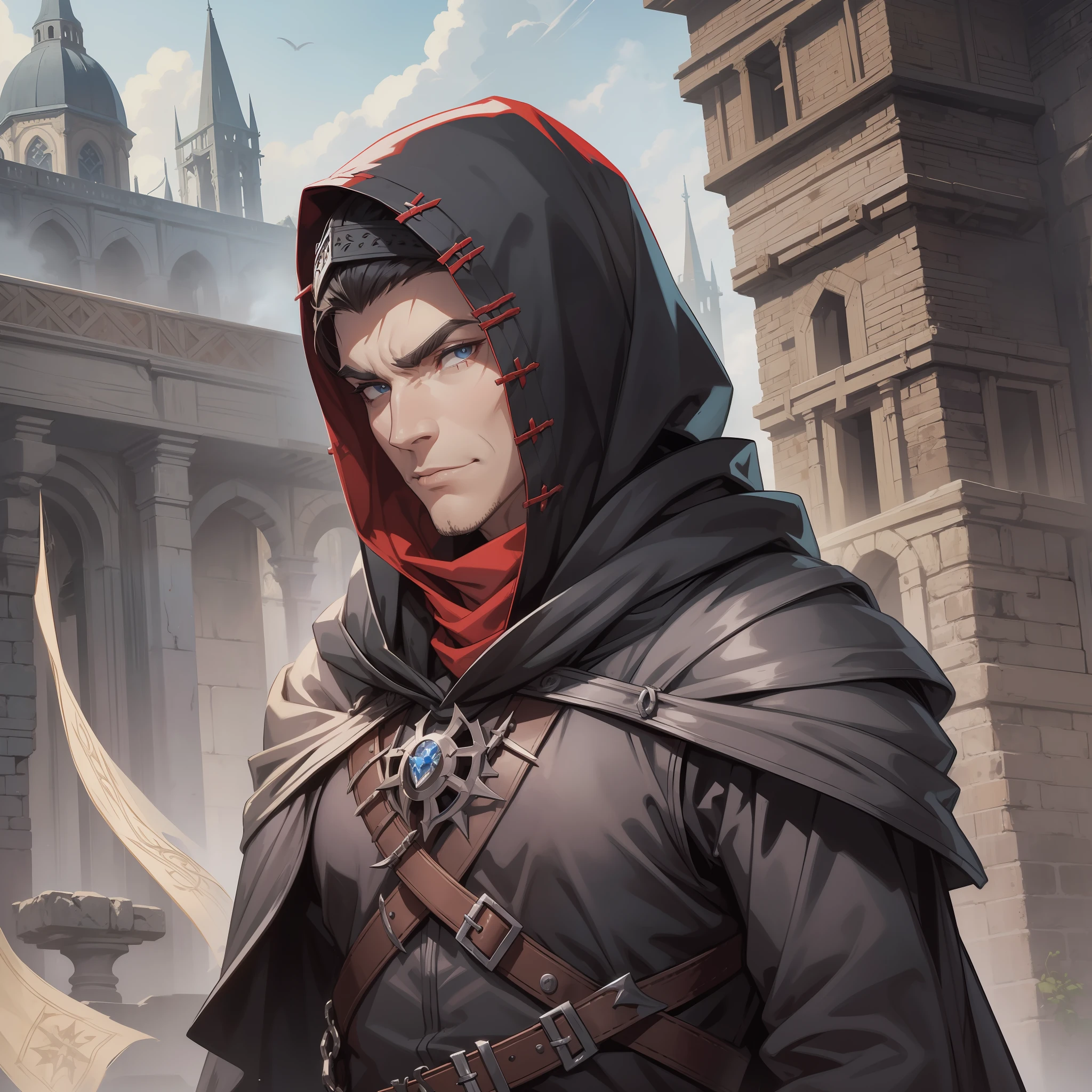 A man with an evil face A rogue Henchman of a medieval criminal for a DND RPG This rogue must wear cloaks and hood for the gang of crooked tip nails so put on the outfit some nail or screw crest, medieval DND RPG