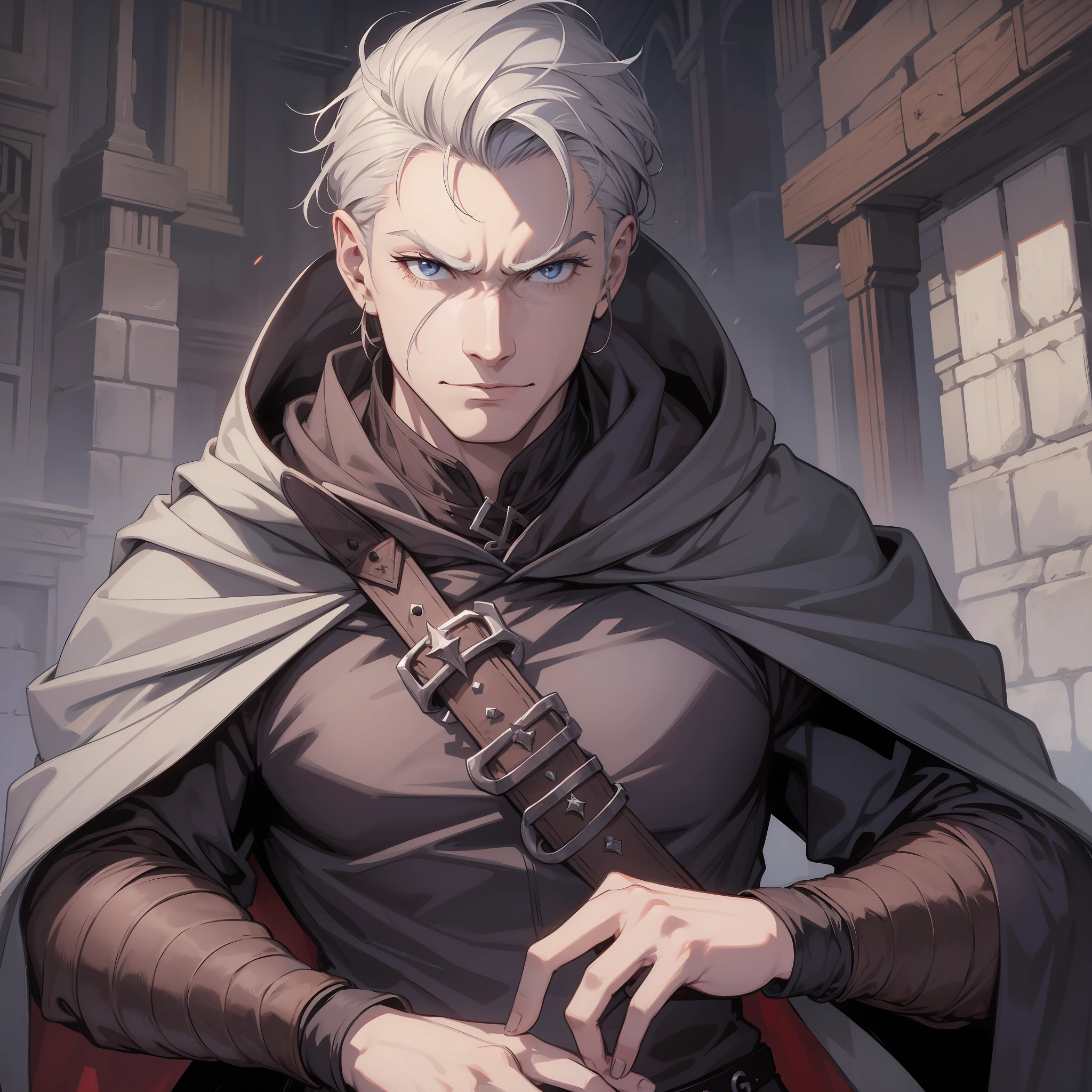 A man with an evil face A rogue Henchman of a medieval criminal for a DND RPG This rogue must wear cloaks and hood for the gang of crooked tip nails so put on the outfit some nail or screw crest, medieval DND RPG
