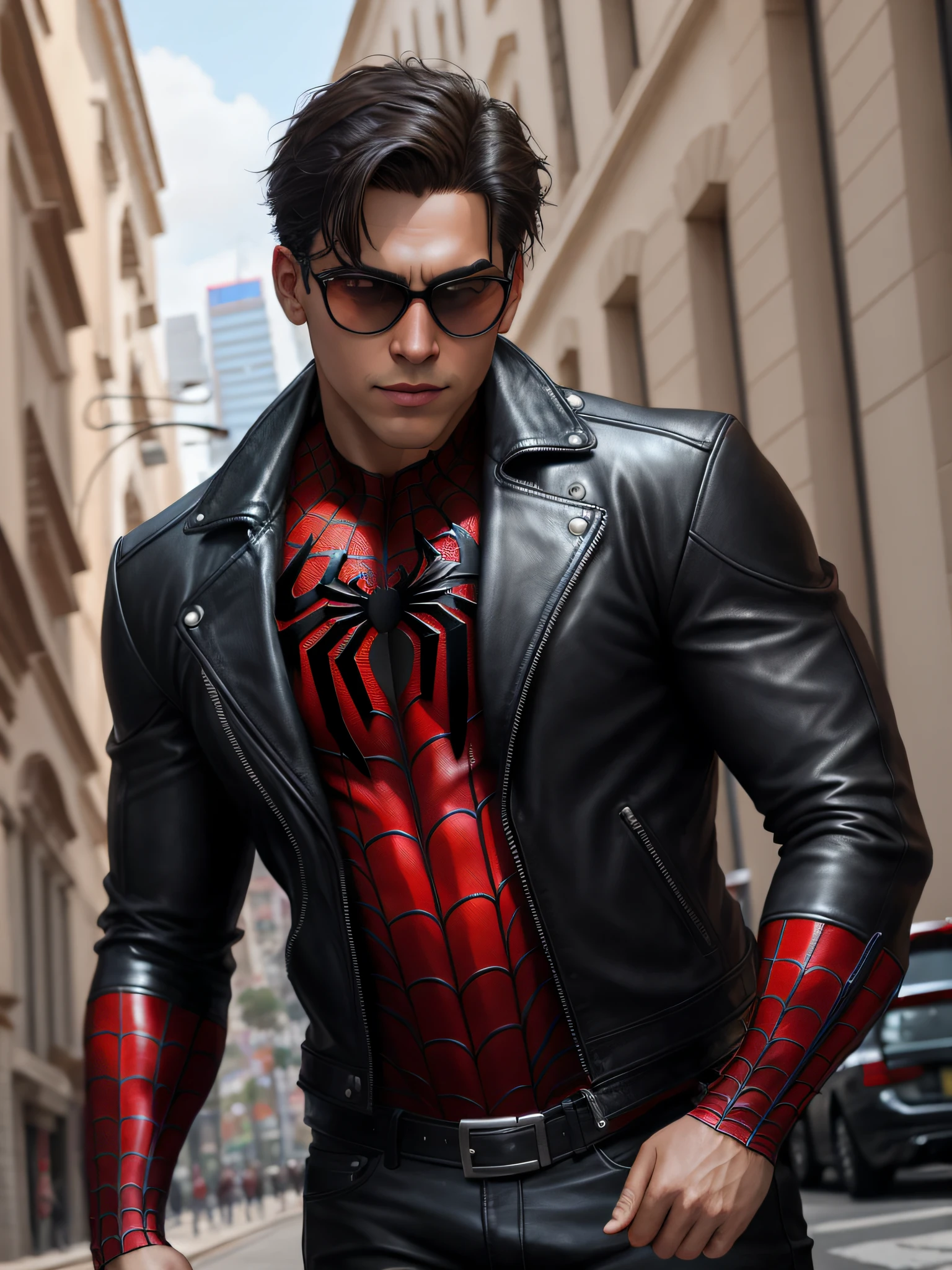 Spiderman with black leather jacket in Mexico City