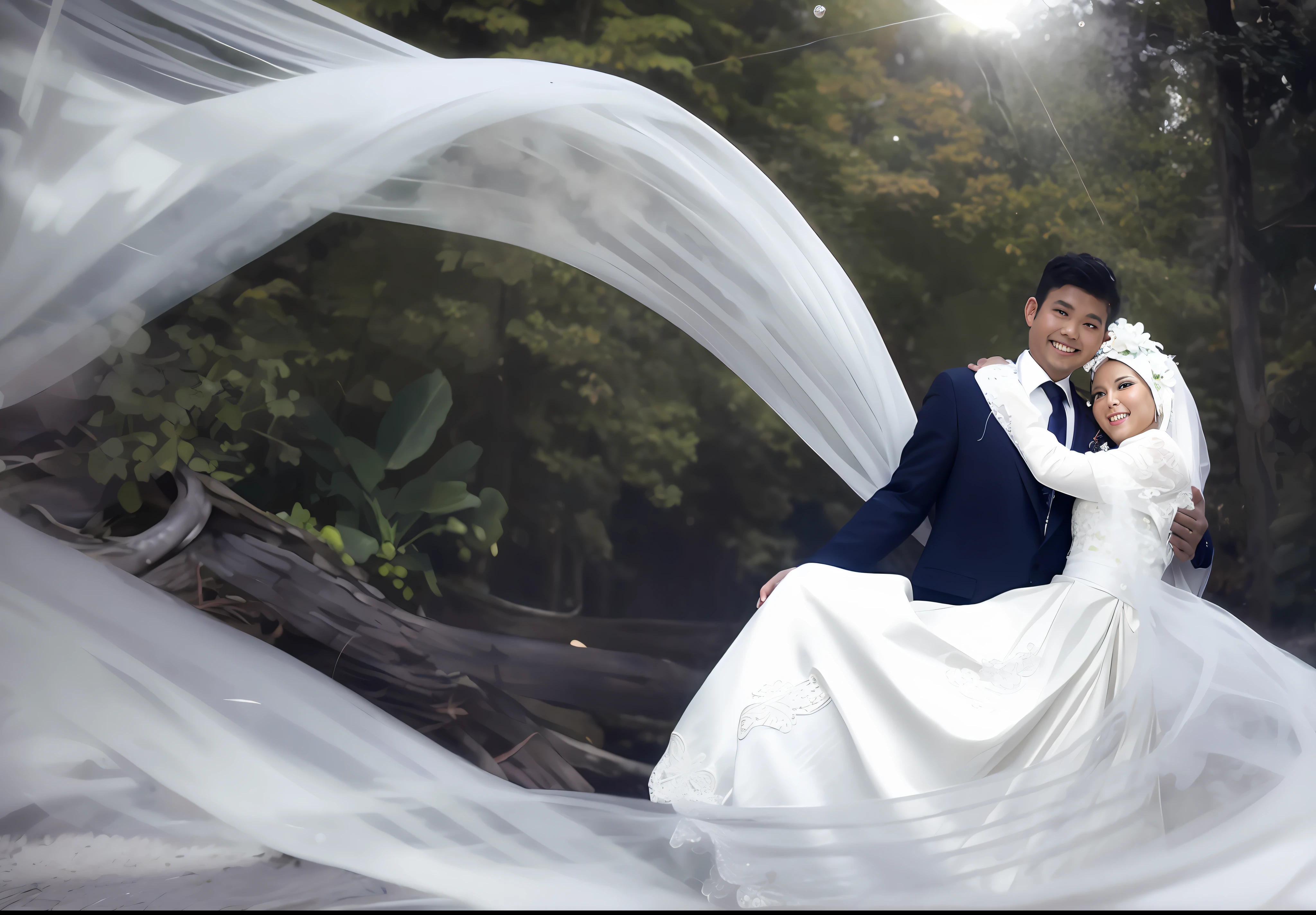 bride and groom posing for a photo in a forest setting, wedding photography, professional wedding photography, profesional photography, wedding photo, portrait shot, by Basuki Abdullah, flowing cloth and smoke, flowing white robes, flowing fabric, happy couple, outdoor fine photography, wedding, stunning photoshot, photograpgy, bride and groom, stream of love and happiness