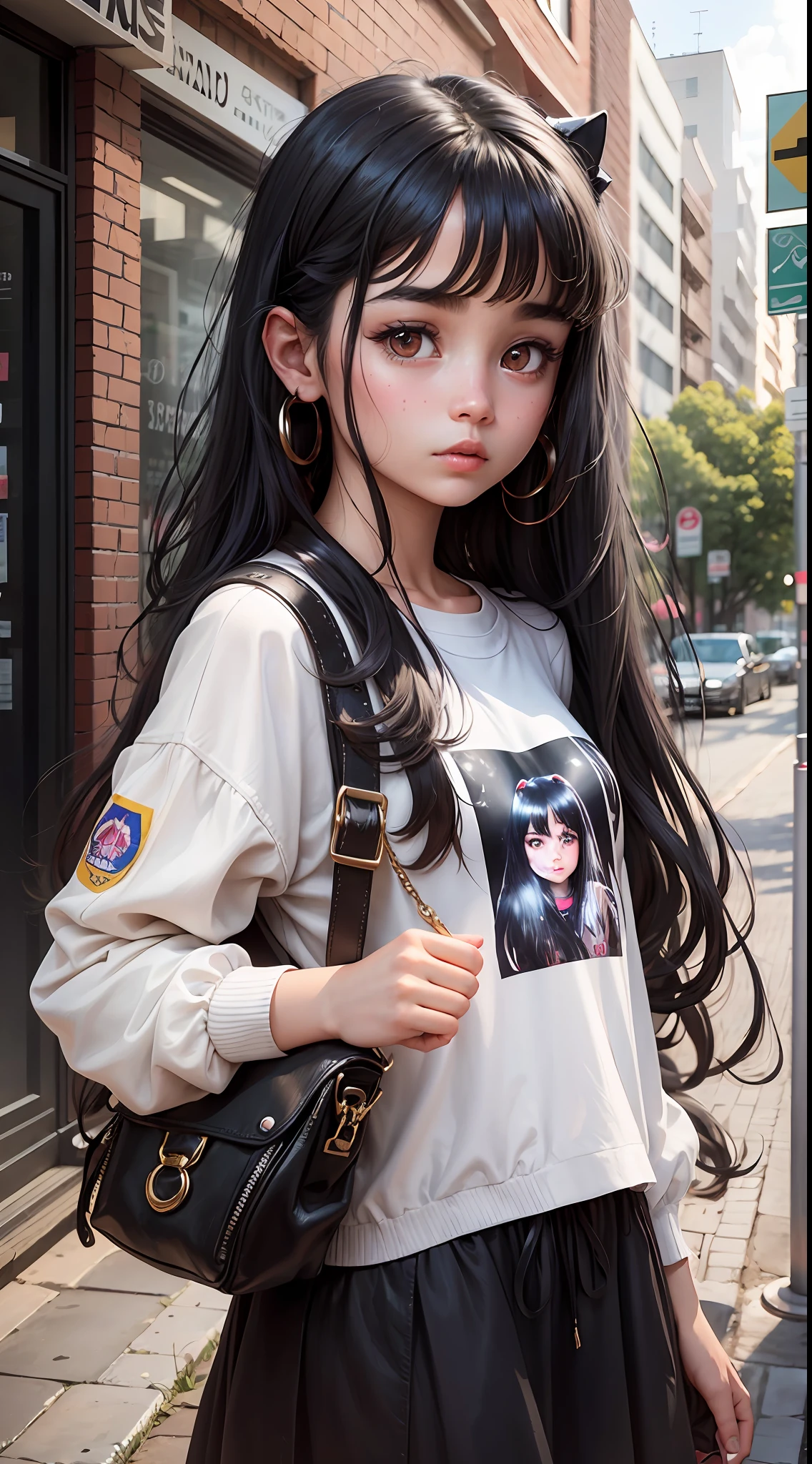 A 13-year-old girl with long black hair and almond eyes (wearing trendy rpups)