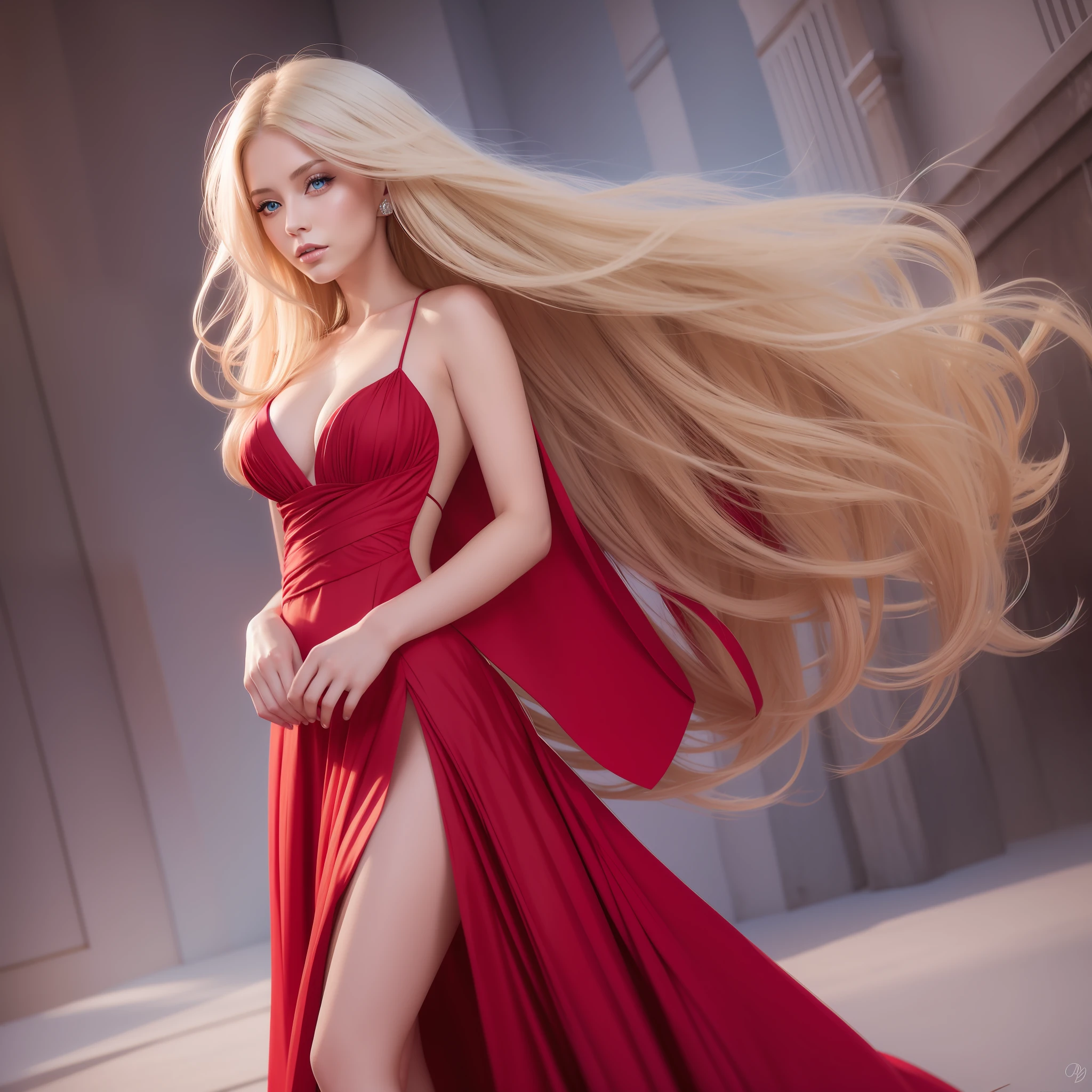 Blonde woman long hair blue eyes, red evening dress digital paint
