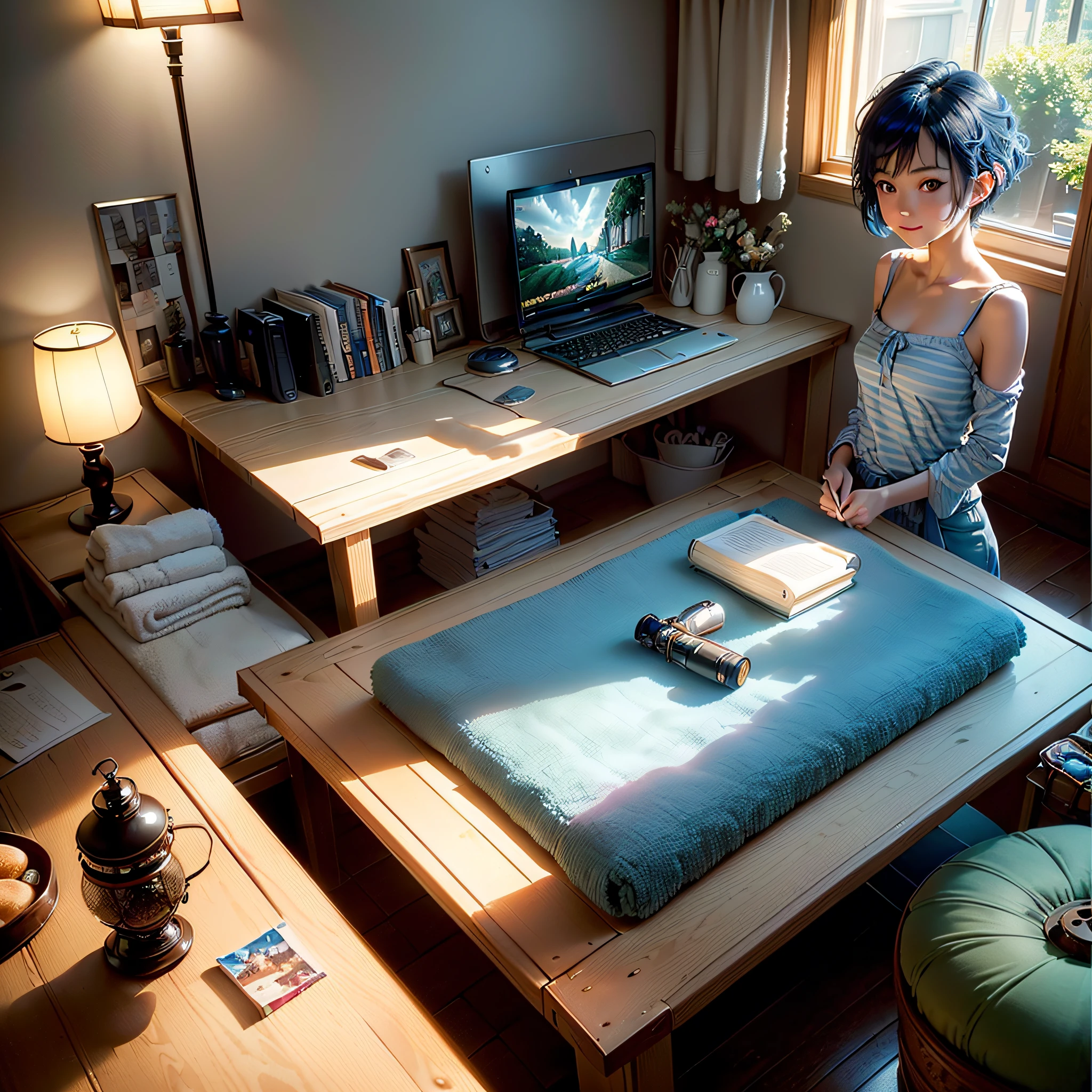 (masterpiece, highest quality, highest resolution, distinct_image, very elaborate CG, cinematic lighting, ray tracing, drop shadows, detailed detail, (photorealistic: 1.4), high quality textures, fine-grained, realistic face expression): (lone girl, face is Japan, short blue hair, small size breasts, sparkling eyes, Eye level shot, light smile, beauty, slim body, holiday, bedroom, console game, computer, bath, bath towel, hair dryer to dry hair, radio, coffee, model train, bookshelf, spacious chair, pot, fan, painting, stuffed animal, tie, notebook, stationery, vase, photo frame, letter, fountain pen, calendar, lamp, Cushions, baskets, mirrors in profile, candles)