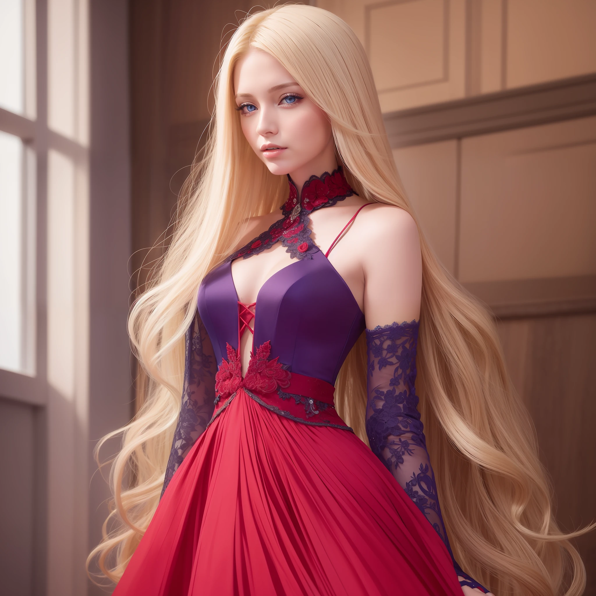 Blonde woman long hair blue eyes, red evening dress digital paint