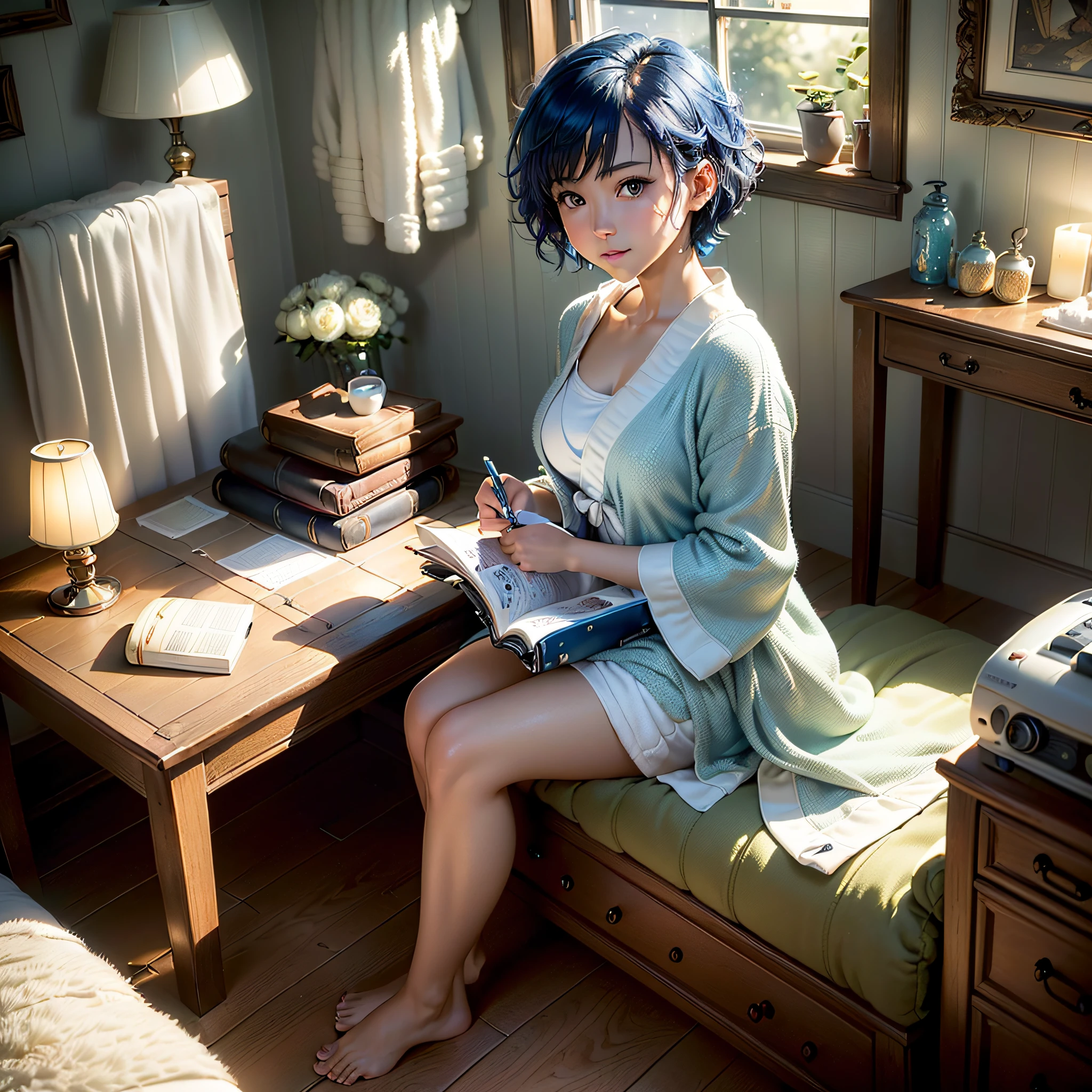 (masterpiece, highest quality, highest resolution, distinct_image, very elaborate CG, cinematic lighting, ray tracing, drop shadows, detailed detail, (photorealistic: 1.4), high quality textures, fine-grained, realistic face expression): (lone girl, face is Japan, short blue hair, small size breasts, sparkling eyes, Eye level shot, light smile, beauty, slim body, holiday, bedroom, console game, computer, bath, bath towel, hair dryer to dry hair, radio, coffee, model train, bookshelf, spacious chair, pot, fan, painting, stuffed animal, tie, notebook, stationery, vase, photo frame, letter, fountain pen, calendar, lamp, Cushions, baskets, mirrors in profile, candles)