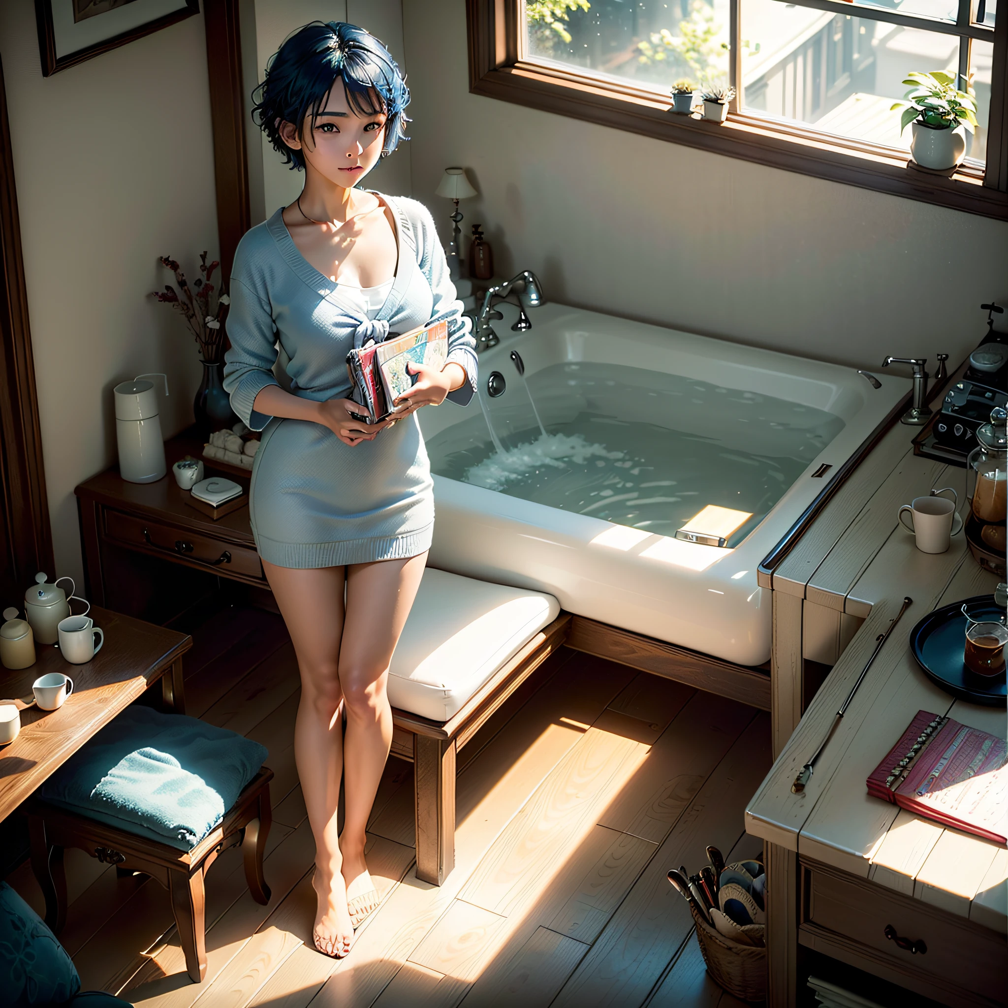 (masterpiece, highest quality, highest resolution, distinct_image, very elaborate CG, cinematic lighting, ray tracing, drop shadows, detailed detail, (photorealistic: 1.4), high quality textures, fine-grained, realistic face expression): (lone girl, face is Japan, short blue hair, small size breasts, sparkling eyes, Eye level shot, light smile, beauty, slim body, holiday, bedroom, console game, computer, bath, bath towel, hair dryer to dry hair, radio, coffee, model train, bookshelf, spacious chair, pot, fan, painting, stuffed animal, tie, notebook, stationery, vase, photo frame, letter, fountain pen, calendar, lamp, Cushions, baskets, mirrors in profile, candles)