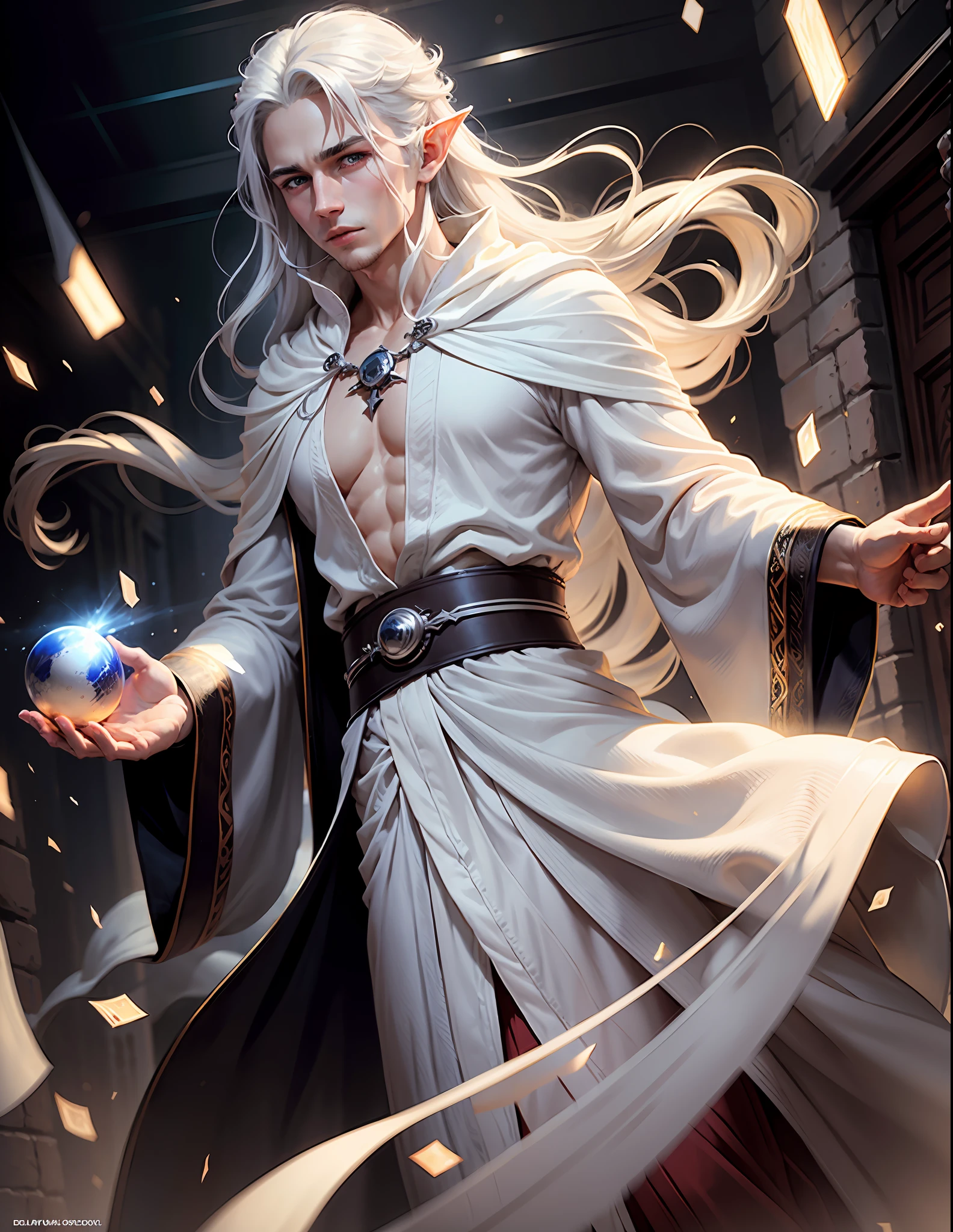 Masterpiece, Excellent, Single, 1 person, male, youth, teenager, wizard, slimming, elf, silver hair, long hair, gray pupils, floating ball of light, white robe, robe, relax, desert detailed background