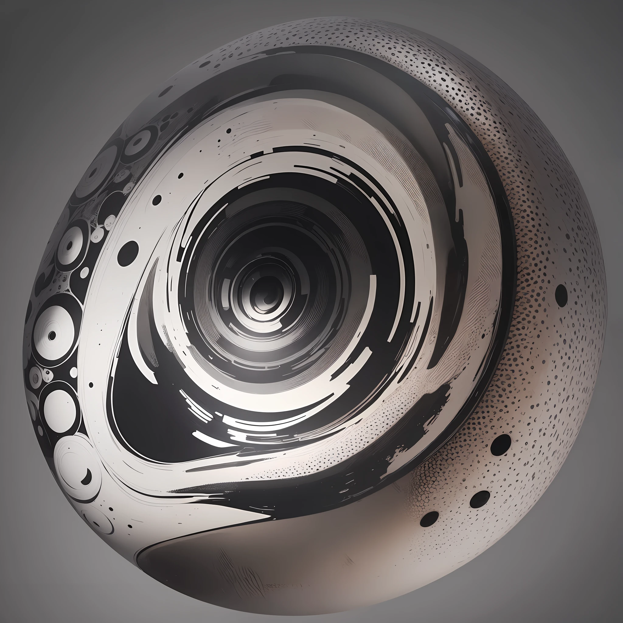 a black circle disappearing in the shape of a snail in the center, with white background behind, abstract style --auto --s2