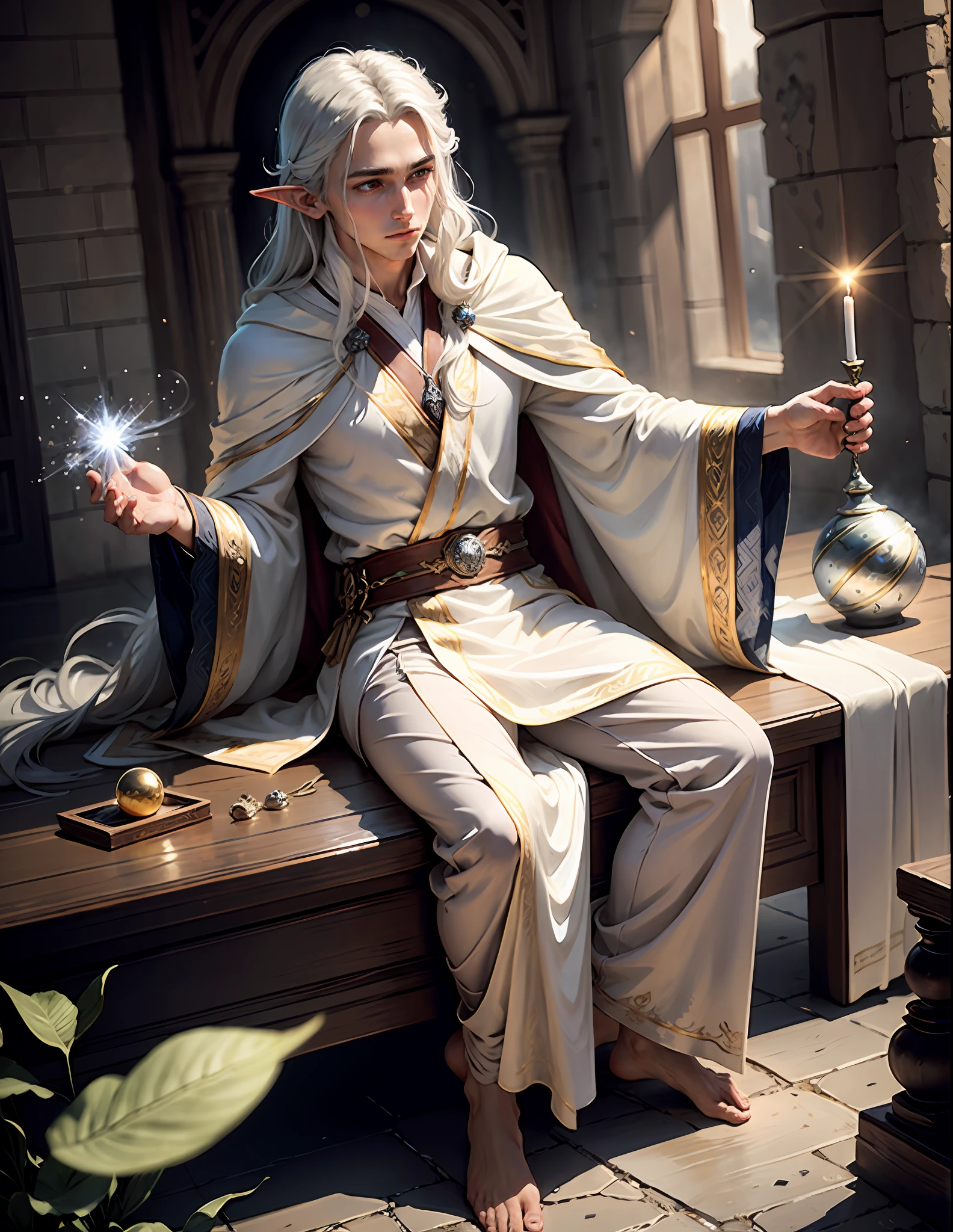 Masterpiece, Excellent, Single, 1 person, male, youth, teenager, wizard, slimming, elf, silver hair, long hair, gray pupils, floating ball of light, white robe, robe, relax, desert detailed background