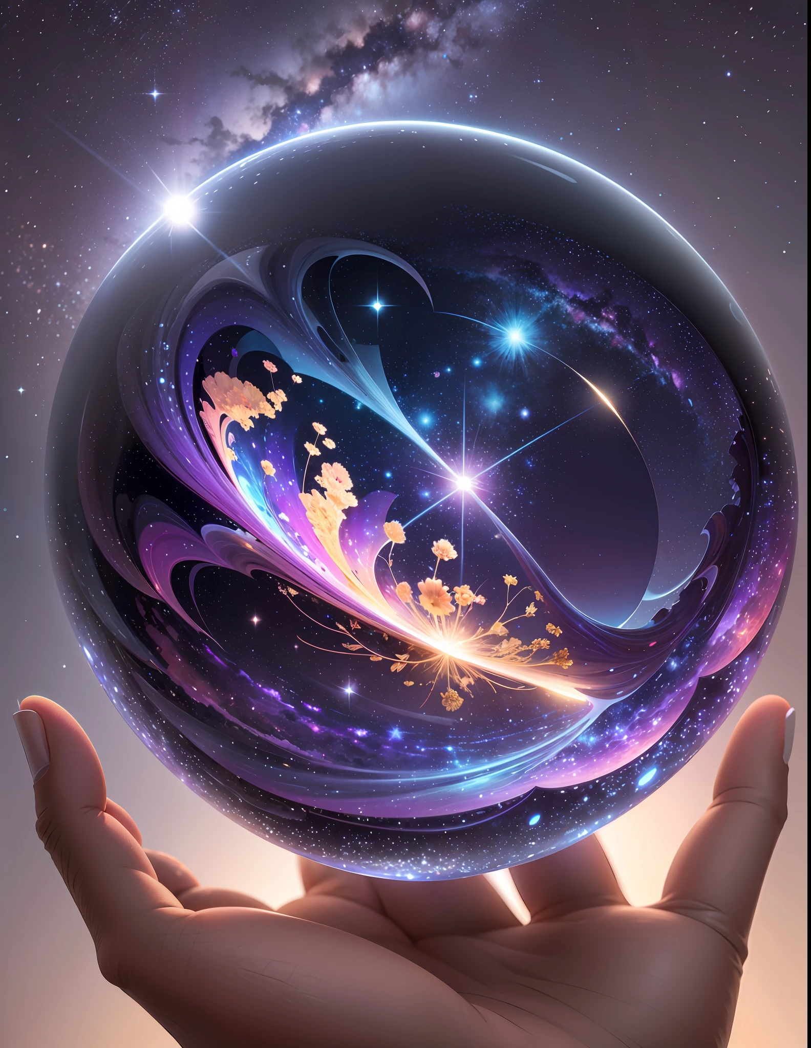 There is a microcosm in the crystal. Shooting stars are visible., The background is a galaxy in space, with a superb view and high image quality., Futurism, Social realism, UHD, retina, best quality, highres, 16k
