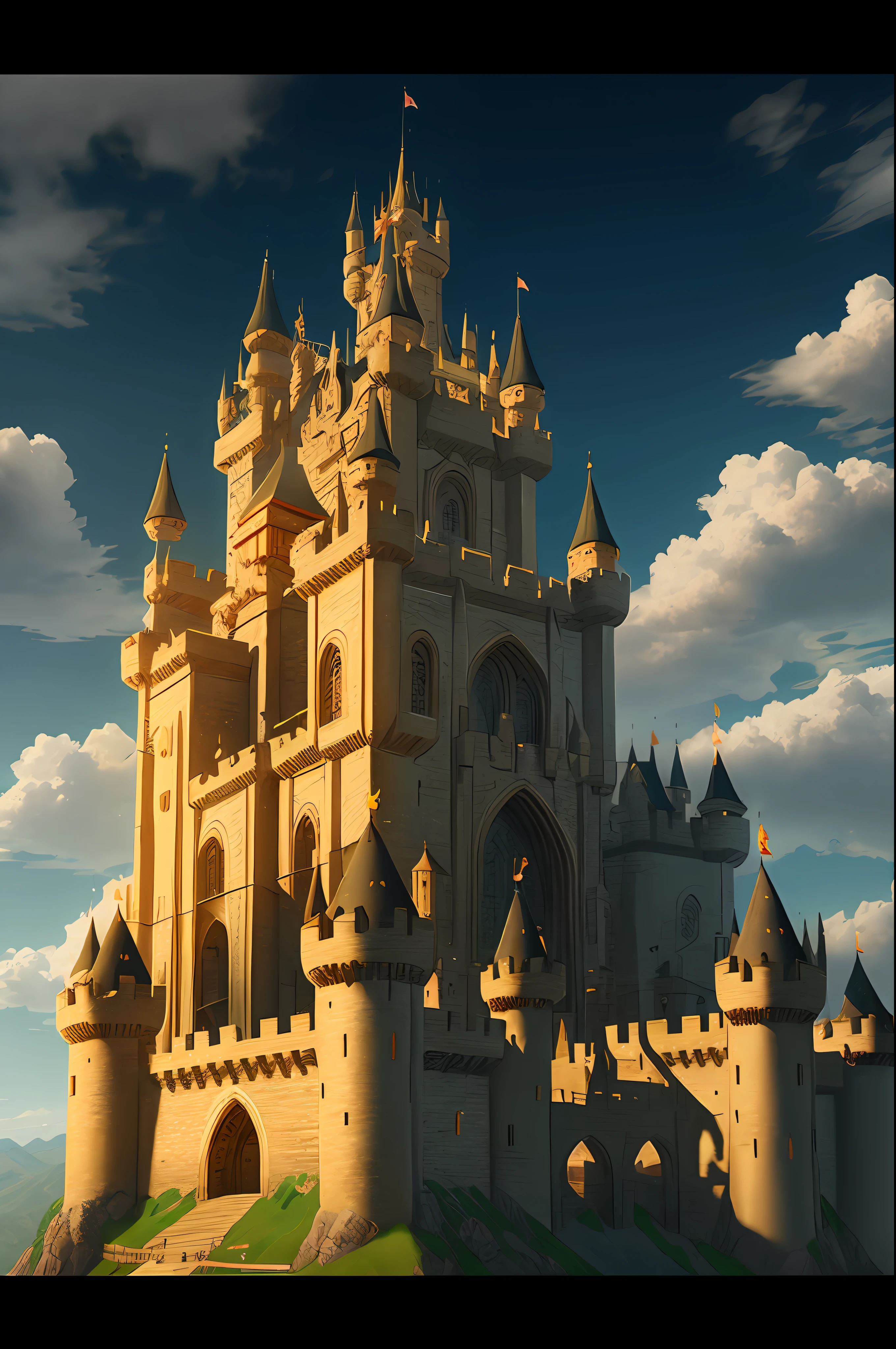 A large medieval kingdom with a castle and ten large towers around, hyperrealistic.