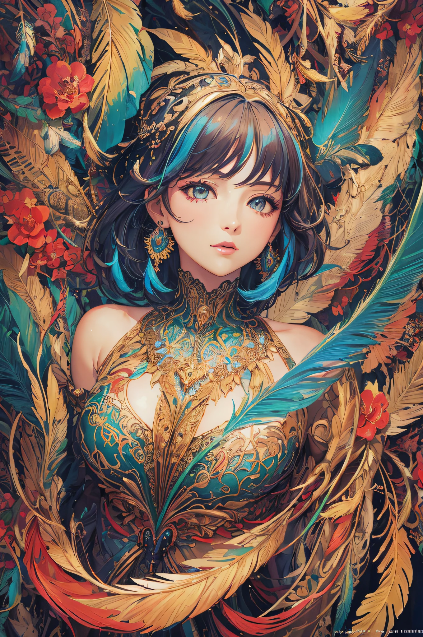 a close up of a woman with a blue hair and a gold dress, detailed digital anime art, extremely detailed artgerm, 8k high quality detailed art, artgerm. anime illustration, anime fantasy illustration, detailed anime artwork, 8k stunning artwork, anime fantasy artwork, detailed anime art, artgerm on artstation pixiv